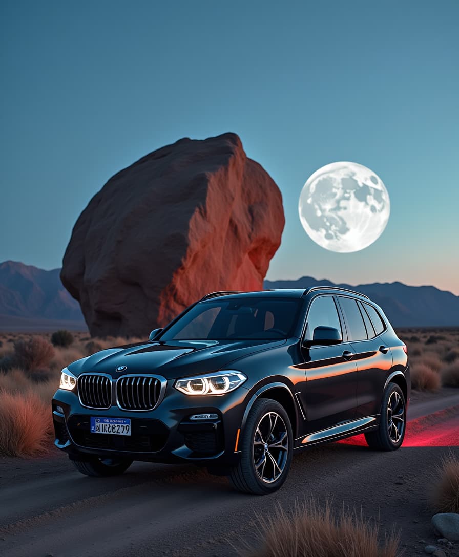 a BMW X3 parked with a movie projecting on a big rock 