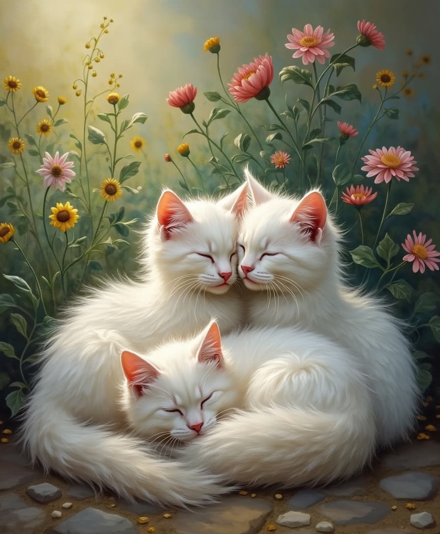 Three cute white cats with long fur, one sleeping and two cuddling together in the garden, oil painting style, bright colors, dreamy atmosphere, soft lighting, and delicate details.