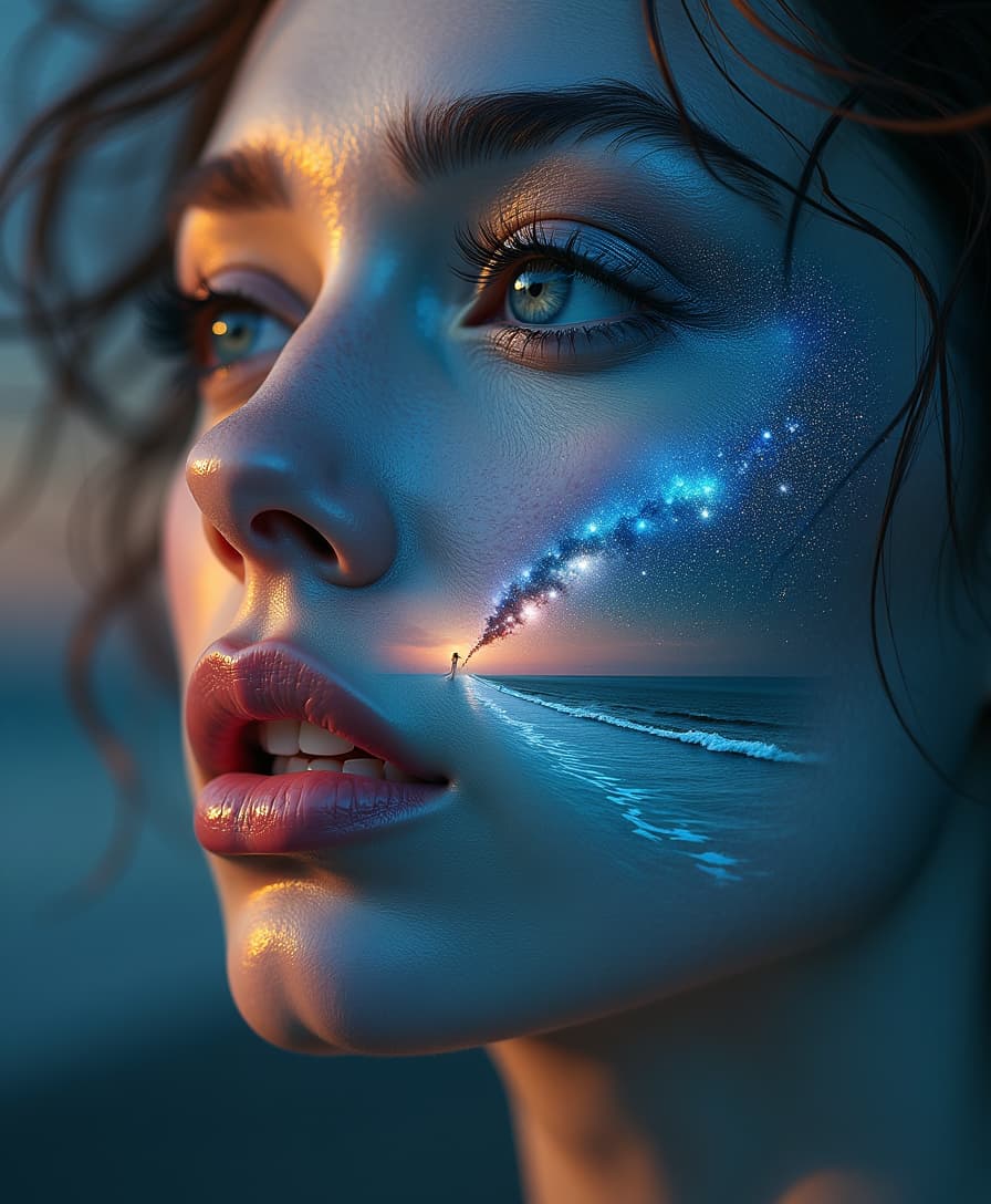 Ultra-HD hyper-realistic portrait of a woman whose facial features seamlessly blend into a surreal landscape, her lips forming the shore of a distant ocean, her eyes reflecting infinite galaxies, cinematic deep lighting, ultra-HD texture details, extreme photorealism, no artificial distortions, perfect anatomy. 