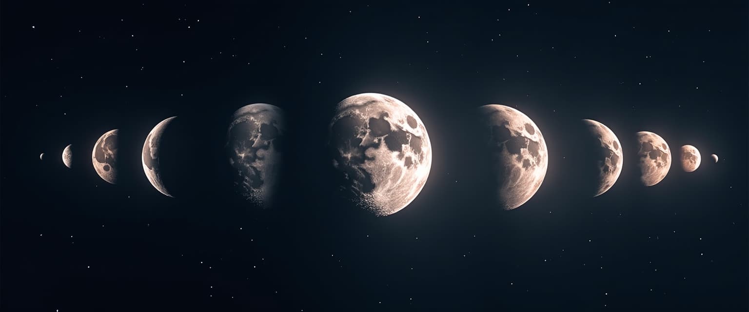 Moon phases, create a stunning visual representation of the moon's phases over the course of a year, showing the different stages of the moon from new moon to full moon in various seasonal settings., 4K resolution, sharp focus