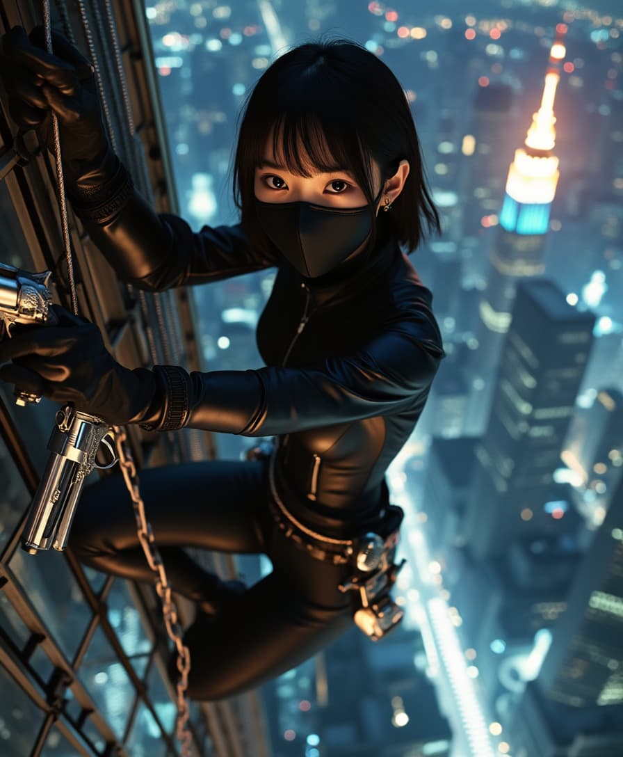 A realistic shot from the movie in which a Chinese girl with a mask on her face and in a black tight suit with two cool silver revolvers in a pose on a cable attached to the belt climbs up a skyscraper at night with a beautiful cityscape of the metropolis. 