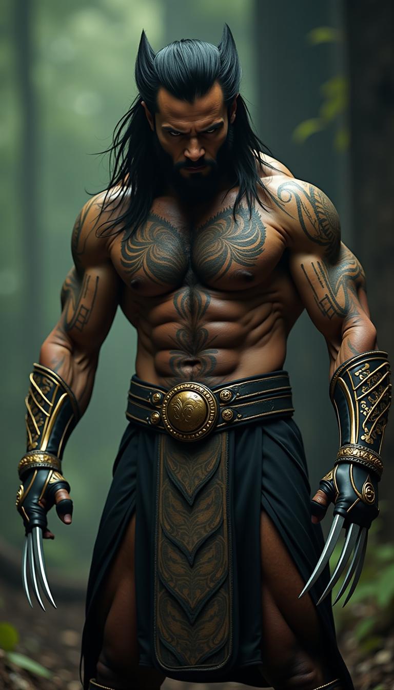 Cinematic shot of A powerful Indonesian Wolverine with black, slicked-back hair, golden tribal tattoos, and sharp obsidian claws. Dressed in traditional armor with intricate patterns,, showing claws, full body shot, X-Men movie screengrab 