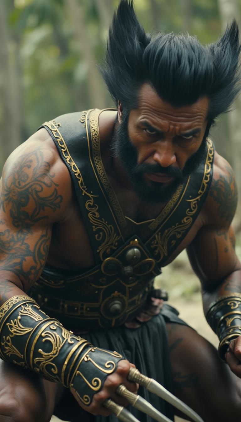Cinematic shot of A powerful Indonesian Wolverine with black, slicked-back hair, golden tribal tattoos, and sharp obsidian claws. Dressed in traditional armor with intricate patterns,, showing claws, full body shot, X-Men movie screengrab 