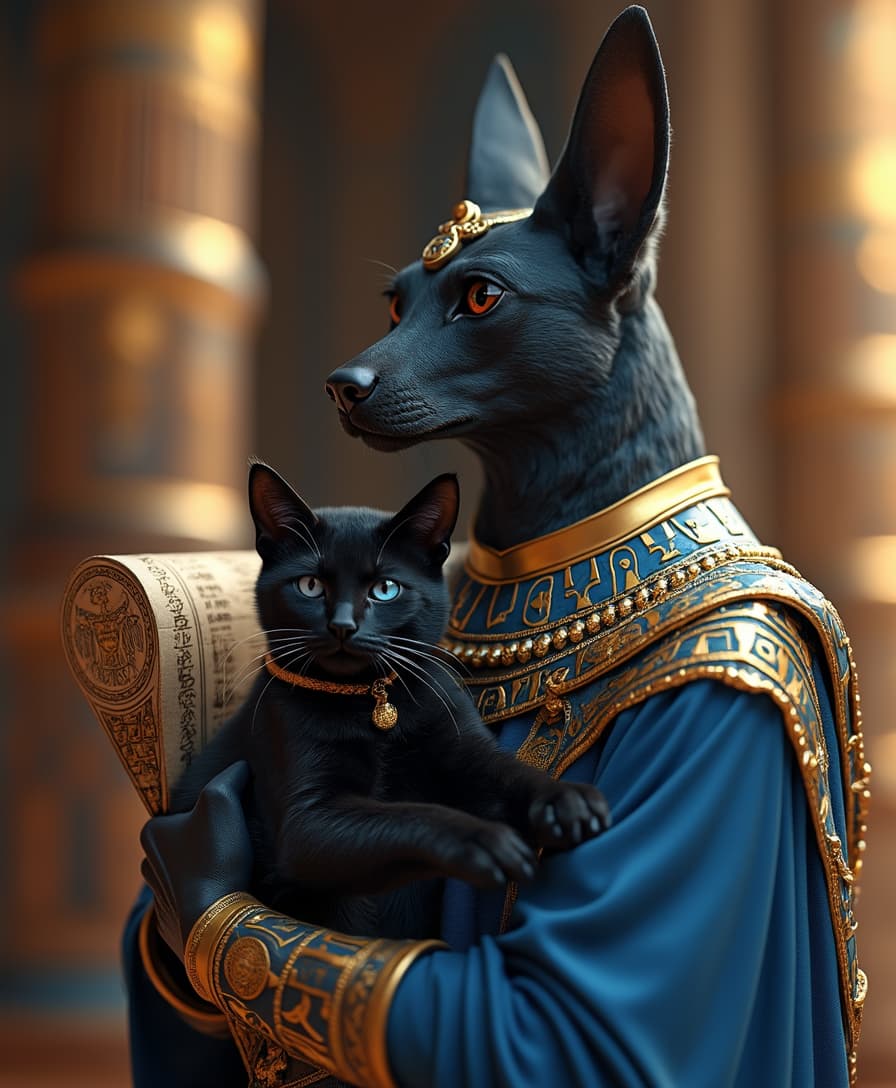 Ultra-detailed close-up portrait of a The majestic Egyptian God Anubis is holding his pet black elegant cat with blue eyes, the cat is wrapped in an ancient scroll with Egyptian symbols, Anubis looks majestic and dressed in a luxurious blue year with golden decorations , Ultra-realistic textures, cinematic depth, vibrant colors, rich Egyptian luxury, divine and mystical atmosphere, hyperrealistic fur texture, individual strands visible, soft fluffy fur, cinematic lighting, HDR, 8K resolution, Octane rende