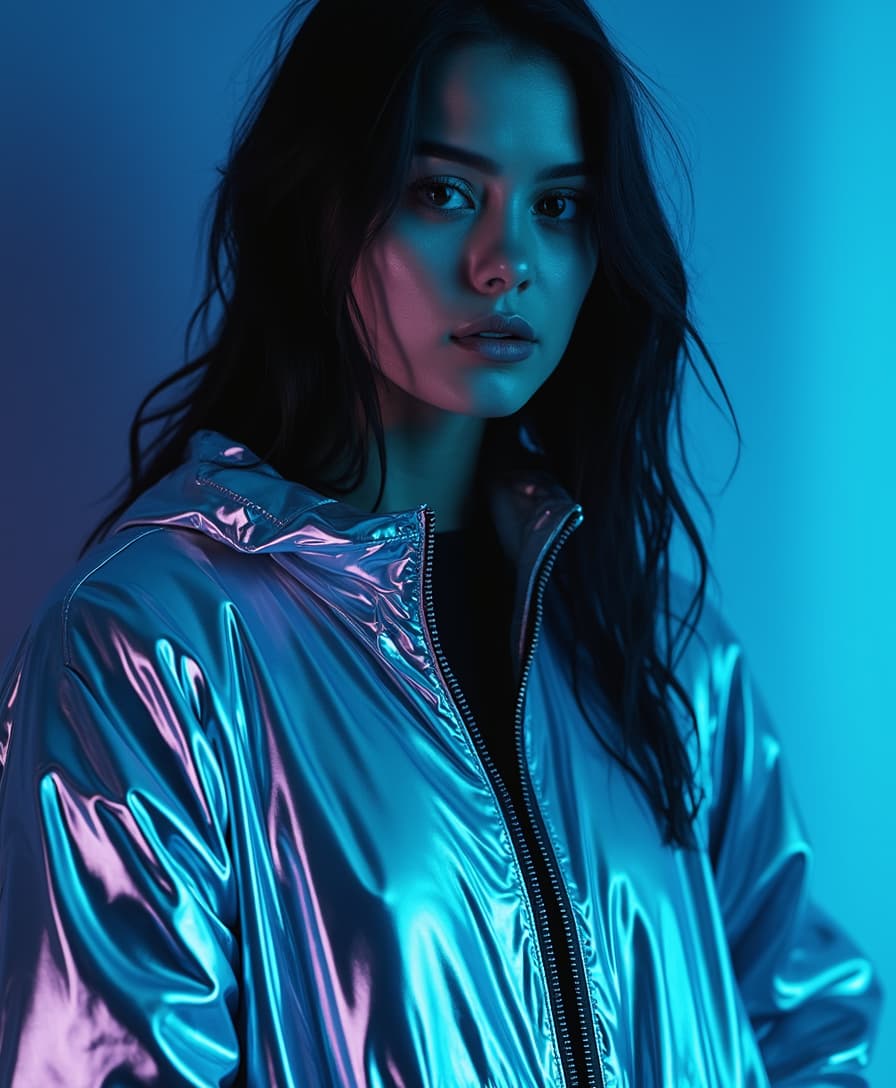 a beautiful woman with dark hair, wears a silver sport jacket, she looks to the camera, she stands in front blue lighting, blue tones