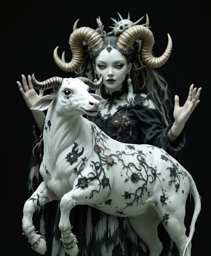 a white Chinese zodiac taurus sign with black and gold patterns, holding a monster creepy Taurus doll in its hand. A taurus made of broken porcelain stands behind it, with her hands and showing them to the viewer. The style is surrealistic. High-resolution photography, high definition, ultra-detailed, hyper-realistic.