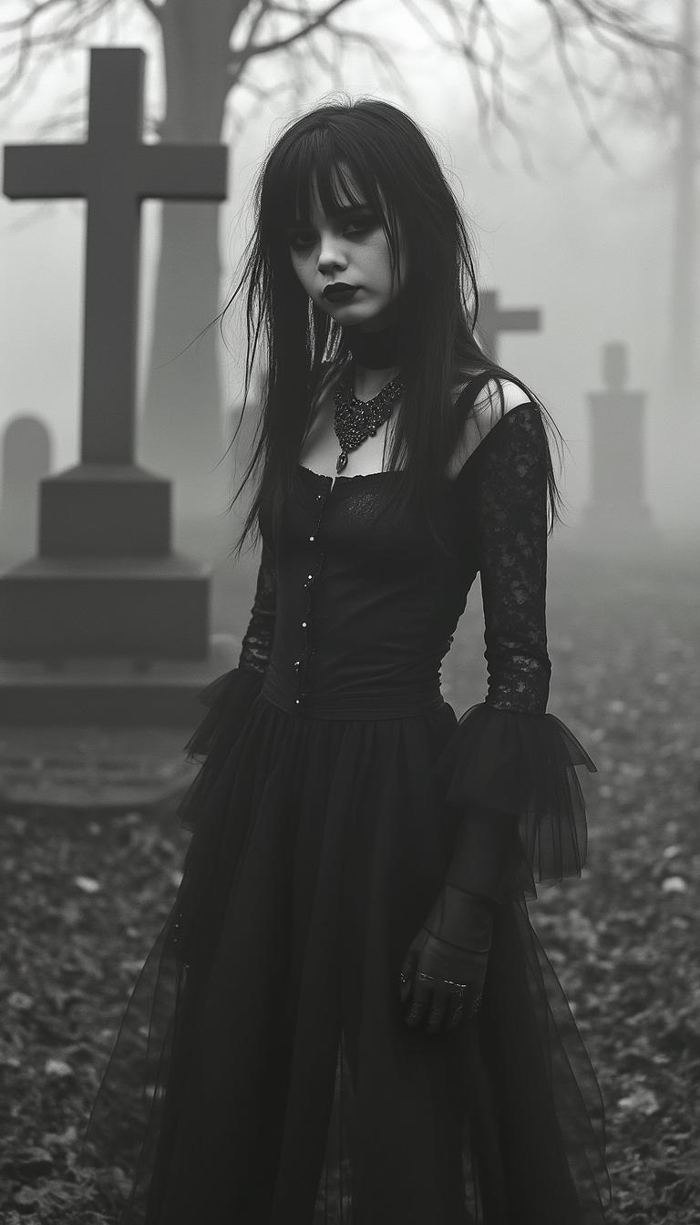 Modern black-and-white photo of stunning young goth chick, full-body photo, creepy style, haunting aesthetic, misty graveyard. Complex shadowy composition, full tonal range. Subtly cream-toned platinum-palladium photograph, subtle tonal gradation, smooth liquid highlights, sharp-focus throughout 