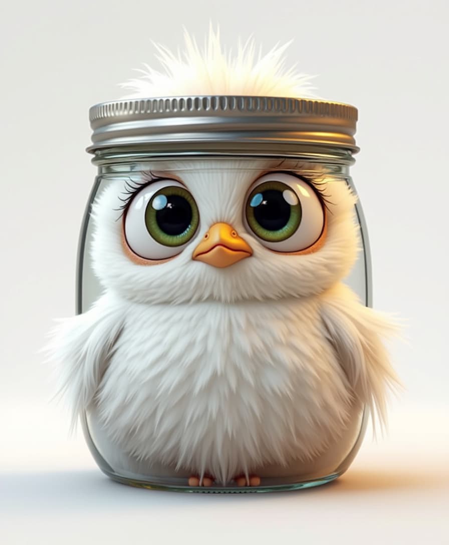 Cute Cattle Egretwith big cute eyes stuck inside a mason jar, looking puzzled isolated and cut out on a white background. Cartoon style, 3D rendering, digital art, cute character design, in the style of Pixar animation, detailed and realistic depiction of fur texture