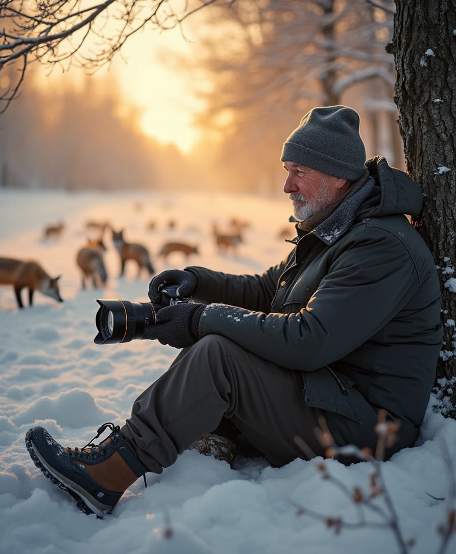 Hyper realistic photorealism image of a 50 year old man sitting with his back against a tree in the snow covered landscape with a Nikon long distance lens attached to his camera. I. The distance is a small family of foxes playing in the snow. The lighting is early in the morning as the warm sunlight starts to creep over the horizon and reflect through the morning mist that rises from the fresh snow. 