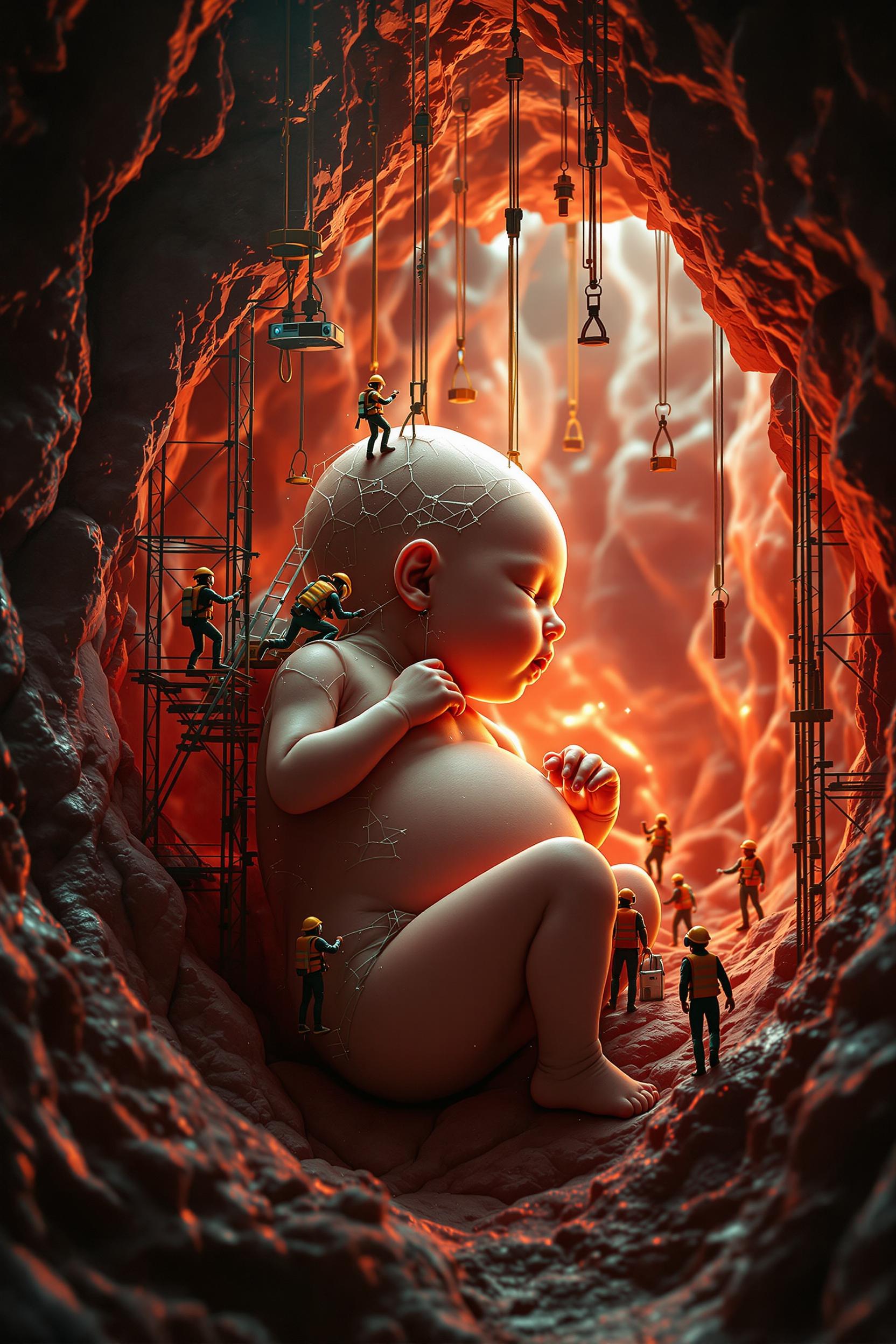 A hyper-realistic scene inside a glowing womb, resembling a massive construction site. Miniature workers in scuba diving and safety vests are carefully assembling a baby. Some operate cranes to position tiny limbs, while others use scaffolding to refine the delicate features of the face. Engineers inspect the umbilical cord, ensuring precise connections. Soft red and golden lighting illuminates the scene, highlighting the warmth and organic textures of the womb.