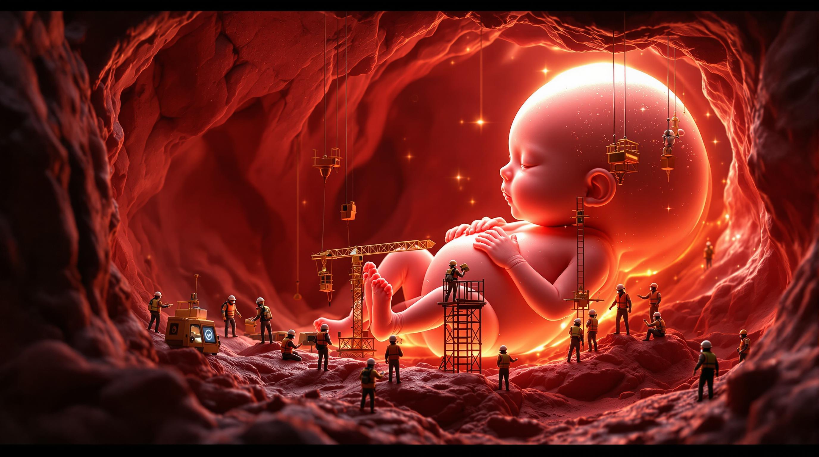 A hyper-realistic scene inside a glowing womb, resembling a massive construction site. Miniature workers in scuba diving and safety vests are carefully assembling a baby. Some operate cranes to position tiny limbs, while others use scaffolding to refine the delicate features of the face. Engineers inspect the umbilical cord, ensuring precise connections. Soft red and golden lighting illuminates the scene, highlighting the warmth and organic textures of the womb.