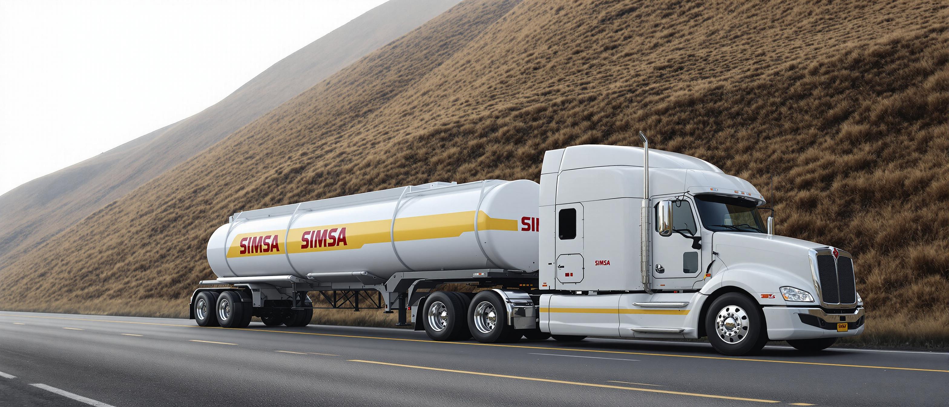 This image depicts a large, white semitruck with a distinctive cab design, indicative of a modern, streamlined truck. The truck is adorned with the SIMSA logo, which is written in red letters against a yellow background. The truck is hauling a long, cylindrical tanker trailer, also bearing the SIMSA logo, which is painted in a similar color scheme. The tanker trailer is attached to the truck by a series of axles and wheels, which are also white, matching the trucks body.The truck is on a paved road, with a clear demarcation of the lane it is in, marked by a yellow line. The road is bordered by a steep, grassy hillside, which slopes gently down to the left side of the frame. The hillside is covered in dry, brown vegetation, which suggests that the area might be semiarid or in a season of drought.The sky in the background is overcast, with a soft, diffuse light that suggests it might be either early morning or late afternoon. The light casts a gentle glow on the truck and the hillside, creating a calm and serene atmosphere. There are no other vehicles or people visible in the image, emphasizing the solitude of the truck on the road.The art style of the image is realistic, with attention to detail in the textures and reflections on the trucks surfaces. The medium appears to be a photograph, capturing the scene with a high degree of clarity and sharpness. The colors in the image are muted, with the white of the truck and the yellow of the SIMSA logo standing out against the browns and greens of the hillside and the grays of the road and sky. The overall effect is one of quiet industrialism, with the truck serving as a symbol of transportation and logistics in a natural setting.