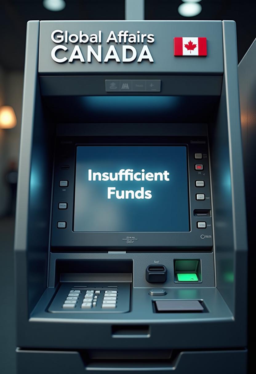 This image depicts an ATM Automated Teller Machine belonging to read "Global Affairs Canada" backlit lighting 3d. The ATM is situated indoors, as suggested by the artificial lighting and the reflection of the interior on the glass surface of the machine. The machine is predominantly gray, with a metallic finish that gives it a modern and utilitarian appearance. The top of the ATM features a sign with the words Global Affairs Canada in bold, capitalized letters, and to the right of the text, there is a small Canadian flag emblem, indicating the machines location or the affiliation of the entity that operates it.The ATM screen is displaying the message "Insufficient Funds", which is a common error message that appears when a customer attempts to withdraw more money than is available in their account. The screen is a dark shade of gray, which contrasts with the bright white of the text, making the message stand out clearly. The screen is centrally located on the front of the ATM, and below it, there is a slot where a card can be inserted, a cash dispenser, and a receipt printer.The ATM also has a keypad on the right side, where a customer would enter their PIN Personal Identification Number to access their account. The keypad is surrounded by a green light, which is likely an indicator that the machine is operational and ready for use. The machine also has a card reader, which is used to read and authenticate the customers bank card.The overall art style of the image is realistic, with attention to the details of the ATMs design and the clarity of the displayed message. The medium appears to be a photograph, as indicated by the visible graininess and the way light reflects on the surfaces of the machine. The colors in the image are primarily cool tones, with the gray of the ATM dominating the palette, complemented by the red and white of the Canadian flag and the green of the keypad light.In summary, this image is a realistic photograph of an ATM belonging to Global Affairs Canada, displaying an error message indicating insufficient funds. The machine is situated indoors, with a focus on the details of its design and the message on the screen. The colors are primarily cool tones, and the medium appears to be a photograph.