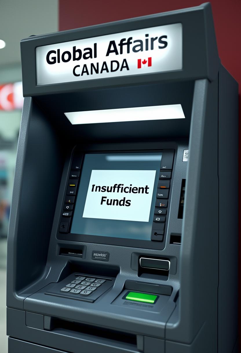 This image depicts an ATM Automated Teller Machine belonging to read "Global Affairs Canada" backlit lighting 3d. The ATM is situated indoors, as suggested by the artificial lighting and the reflection of the interior on the glass surface of the machine. The machine is predominantly gray, with a metallic finish that gives it a modern and utilitarian appearance. The top of the ATM features a sign with the words Global Affairs Canada in bold, capitalized letters, and to the right of the text, there is a small Canadian flag emblem, indicating the machines location or the affiliation of the entity that operates it.The ATM screen is displaying the message "Insufficient Funds", which is a common error message that appears when a customer attempts to withdraw more money than is available in their account. The screen is a dark shade of gray, which contrasts with the bright white of the text, making the message stand out clearly. The screen is centrally located on the front of the ATM, and below it, there is a slot where a card can be inserted, a cash dispenser, and a receipt printer.The ATM also has a keypad on the right side, where a customer would enter their PIN Personal Identification Number to access their account. The keypad is surrounded by a green light, which is likely an indicator that the machine is operational and ready for use. The machine also has a card reader, which is used to read and authenticate the customers bank card.The overall art style of the image is realistic, with attention to the details of the ATMs design and the clarity of the displayed message. The medium appears to be a photograph, as indicated by the visible graininess and the way light reflects on the surfaces of the machine. The colors in the image are primarily cool tones, with the gray of the ATM dominating the palette, complemented by the red and white of the Canadian flag and the green of the keypad light.In summary, this image is a realistic photograph of an ATM belonging to Global Affairs Canada, displaying an error message indicating insufficient funds. The machine is situated indoors, with a focus on the details of its design and the message on the screen. The colors are primarily cool tones, and the medium appears to be a photograph.