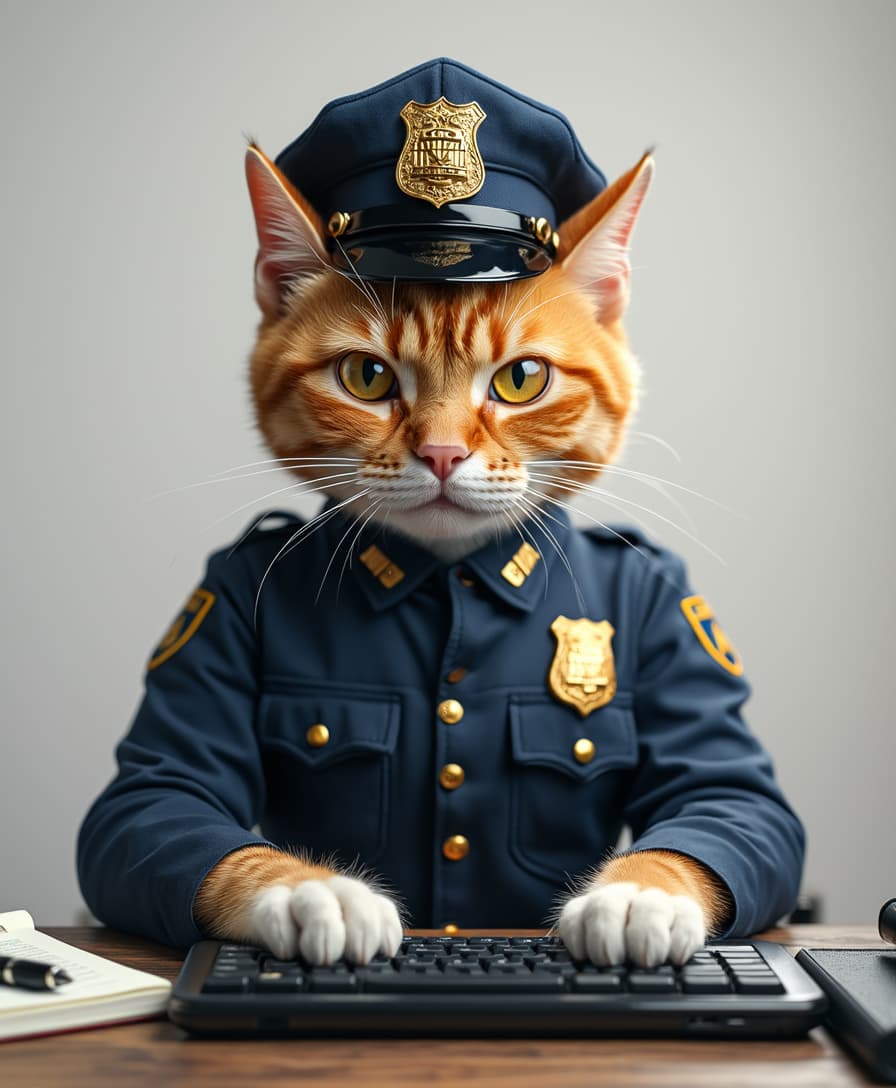 A super realistic full-body photo of an orange tabby cat working at a desk. white gloves. desk, laptop. He is typing on the keyboard with a serious expression. Tabby Cat wears a navy blue uniform with golden buttons, a badge on the chest, and a matching police cap with a shiny badge. The belt is equipped with a holster. black shoes. There is a notebook and pen near the laptop. studio lighting, white background,