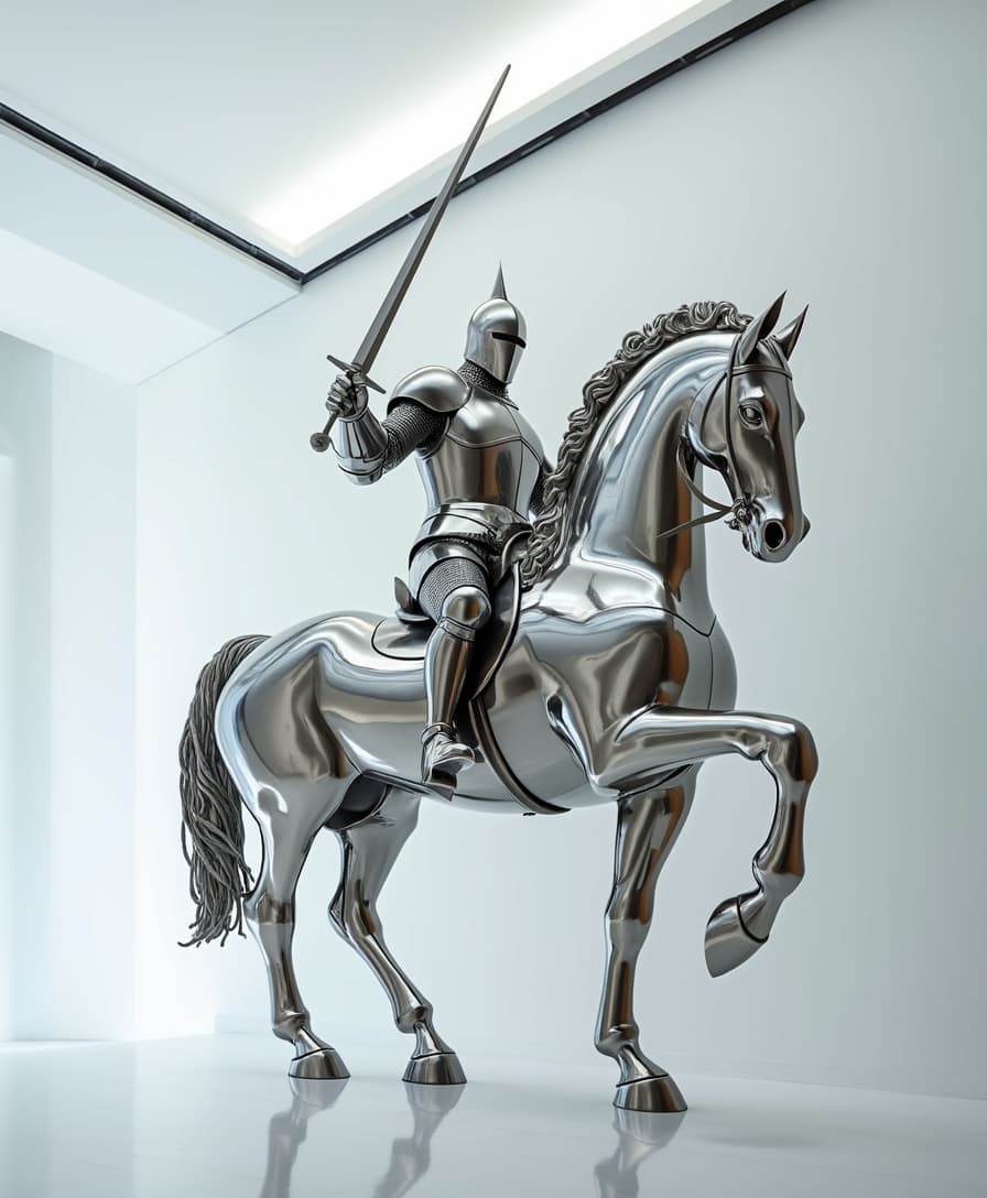 Create a highly creative and majestic sculpture of a knight wearing a helmet and holding a long-handled weapon, riding a powerful horse, crafted from polished stainless steel with intricate details. The sculpture is placed in a pristine white gallery space, with soft, even lighting highlighting its metallic surface and dynamic form. The composition is 3:4 aspect ratio, emphasizing the knight and horse’s commanding presence and the minimalist, modern environment. The artwork should feel bold, inspiring, and visually striking, blending traditional heroism with contemporary artistic expression