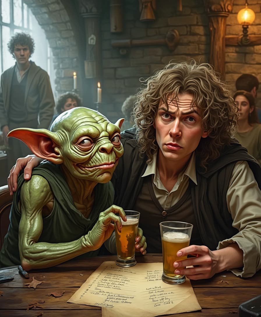 gollum and bilbo at trivia night in a tavern. Gollum is overly excited and Bilbo is embarrassed to be seen with him, dungeons and dragons art