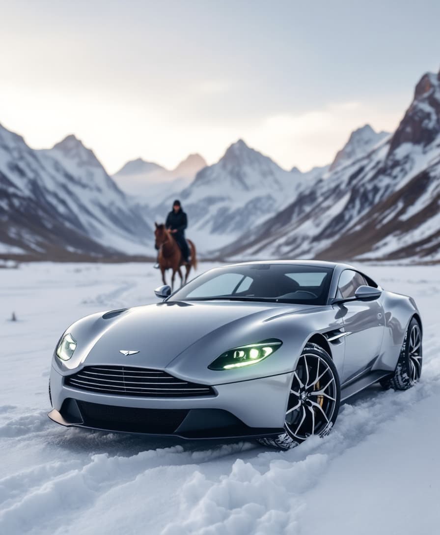 A silver Aston Martin car is parked on the snow in Altay, with snow capped mountains visible in the distance. In the distance of the car, there is a person riding a horse, with a real life photo texture, taken on an iPhone,lifestyle,ins