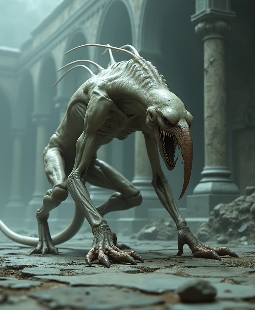 A gaunt, hairless beast crouches on all fours in a desolate, fog-laden ruin. Its elongated limbs coil with lethal precision, talons pressing into the cracked stone. A grotesquely long, hooked nose juts from its sculpted skull, hollow predatory eyes gleaming with ancient hunger. Its pale, translucent skin reveals shifting veins like liquid shadow, pulsing unnaturally. Around it, broken statues and crumbling pillars loom in eerie silence, the air thick with tension, as if reality itself is holding its breath before chaos unfolds. Hyper-realistic, dark fantasy, cinematic lighting, ultra-detailed. 