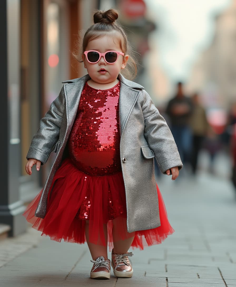 A very chubby little girl, with a fashionable neckline and a big belly, wearing a red sequined flared dress, paired with a silver long coat. She wears pink sunglasses and silver doll shoes, creating a fashionable, individual and very noble style. Walking on a busy street. A very chubby little girl, with a fashionable neckline and a big belly, wearing a red sequined flared dress, paired with a silver long coat. She wears pink sunglasses and silver doll shoes, creating a fashionable, individual and very noble style. Walking on a busy street. Minimalist 