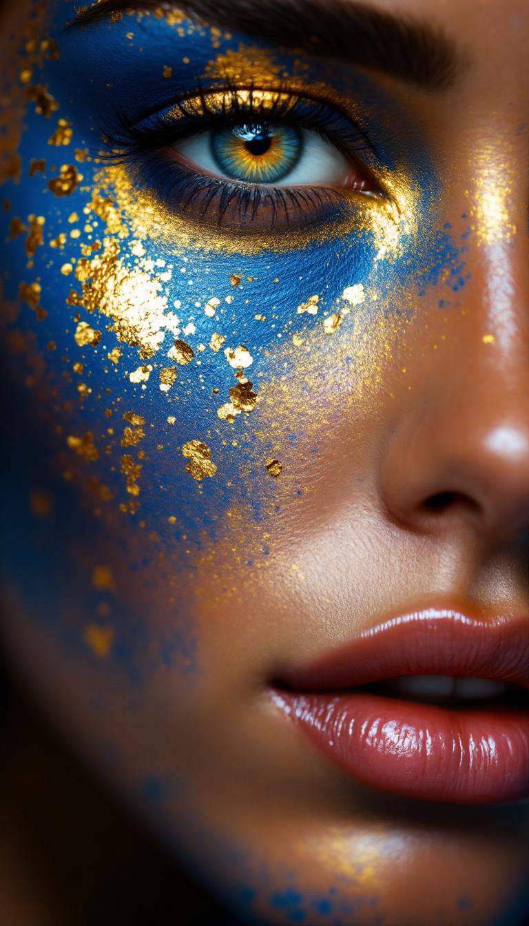 Close-up of a woman with blue and gold paint on her face, gold leaf around her eyes, hyper-realistic photography. 