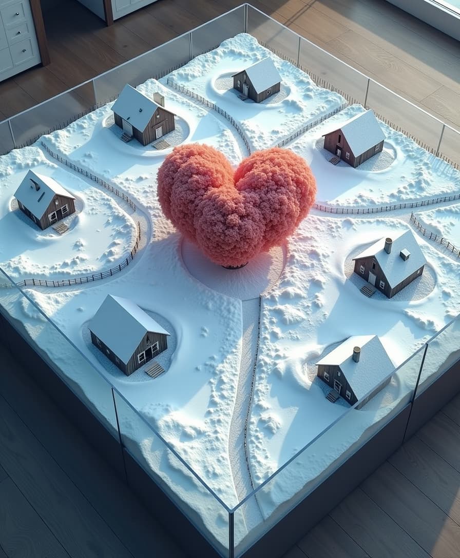 There is a large square fish tank on the table. In the fish tank, there are 10 old Norway houses evenly distributed in the vast expanse of Arctic snow to form a huge village. The roof of each old house is covered with snow. There is a fence around the house. Several snow roads pass through the village. The snow roads are crossed together like a dense network. In the center of the fish tank, there is a huge orange-pink heart-shaped tree. This tree has the largest heart-shaped crown. The tree is covered with a layer of snow, and the fish tank is covered with bottom sand. HD camera, 8K. 