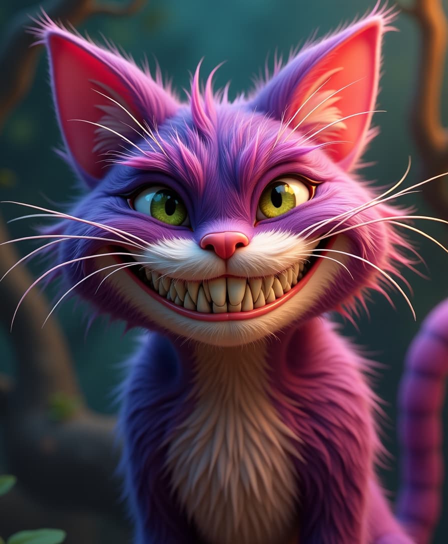 Vibrant Cheshire Cat, playful grin: Vibrant Cheshire Cat inspired by vibrant colors, exaggerated design elements, mischievous smile and playful personality traits, ultra-realistic, highly detailed, 4K resolution, sharp focus