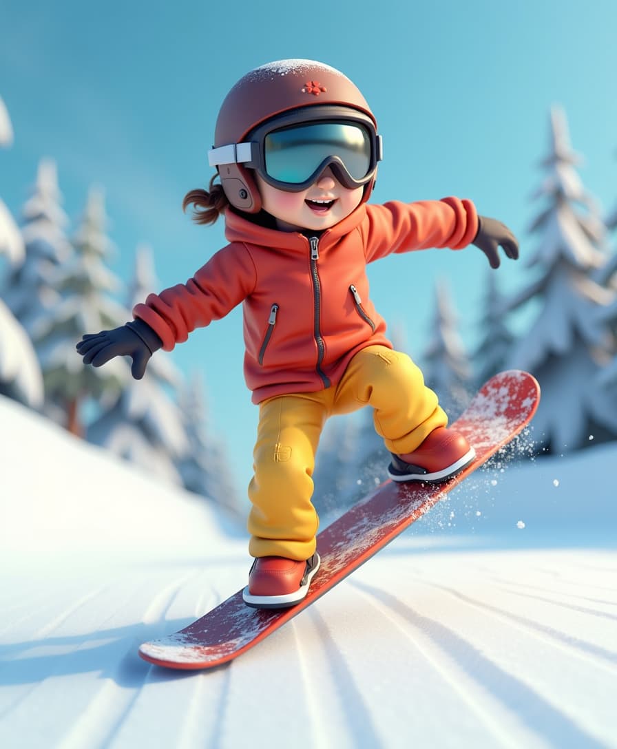 Cartoon style snowboarder in a snowboarding suit, wearing a helmet and ski goggles, using a snowboard, performing carving turns and other basic snowboarding movements, Digital rendering, 3D modeling, Contemporary era, High contrast with a balanced and natural color palette