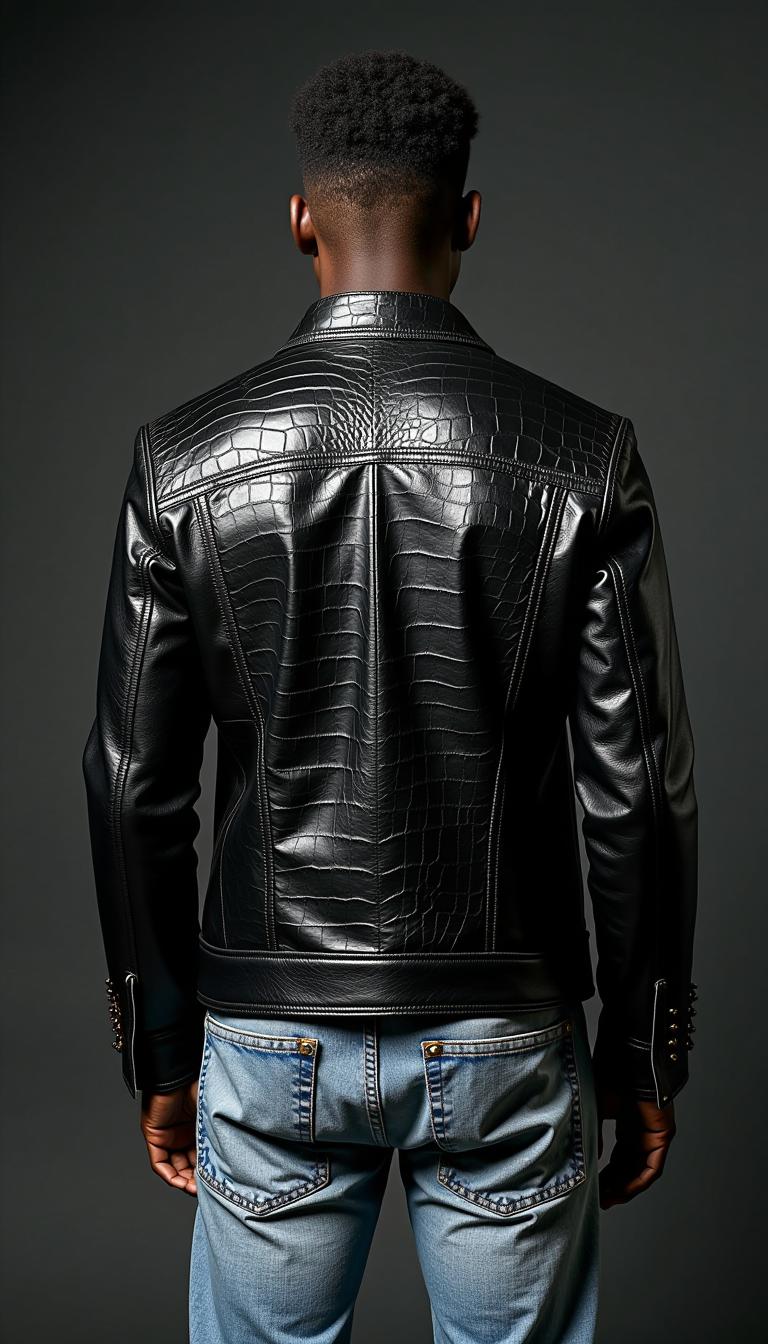 A black male model in distressed blue denim jeans, wearing a black distressed crocodile leather jacket, steel studs on edging, broken bits of mirrored metal attached to leather, camera shot from back of model, studio lighting