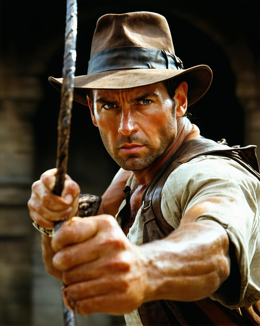 Indiana Jones, photorealistic, clear facial features, action pose, holding a whip