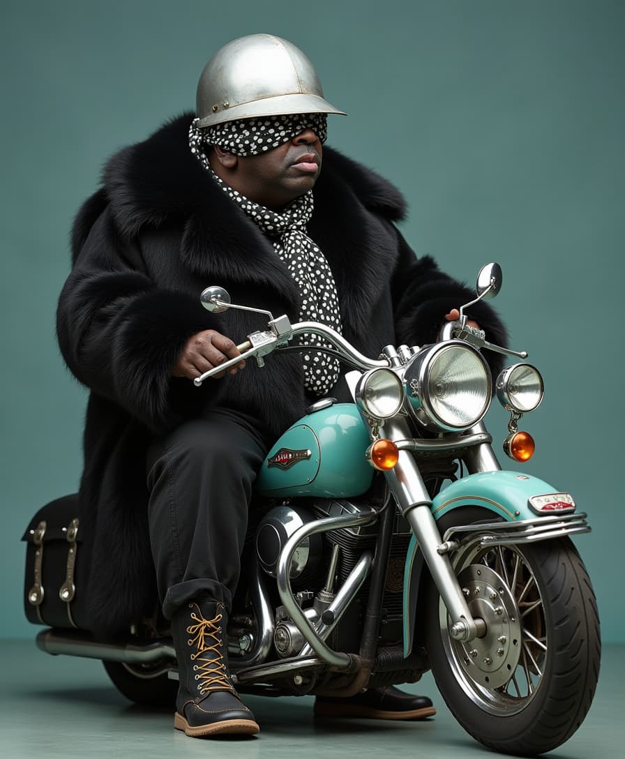 1 model SITTING ON AN OLD VINTAGE WORN OUT MOTORCYCLE VERY FAT OBESE VERY SHORT DWARF LIKE BODY WITH wearing TEAL BLUE AND SILVER ROUNDED mesh screen cloth blindfolds SILVER HELMET wearing large black full length fur coats holding a large SILVERY VERY shiny glossy BASS musical instrument AND 5 xtra large prominently displayed LARGE SILVER IRIDESCENT GLASS convex mirrors wearing a LONG FLUFFY black and white polka dotted bandana head dressing with bells and ribbons hanging all around DARK TEAL BLUE BACKDRO
