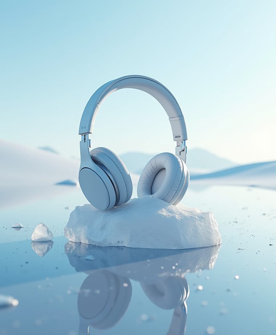 Minimalist style, clean elements, plenty of white space, clear sky, pure sky above, huge ice, headphones in ice, still life, scenery, realism, best quality, high quality, realism, RAW photos, masterpieces, 8k, crazy details, high details, super details, lighting, main lighting, film grain