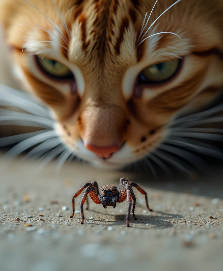 Hyper-realistic photo, taken with a Nikon D850 and a 105mm macro lens. In the photo, prominently featured, a cat curiously observes a wandering spider. The cat’s eyes are fixed on the spider.