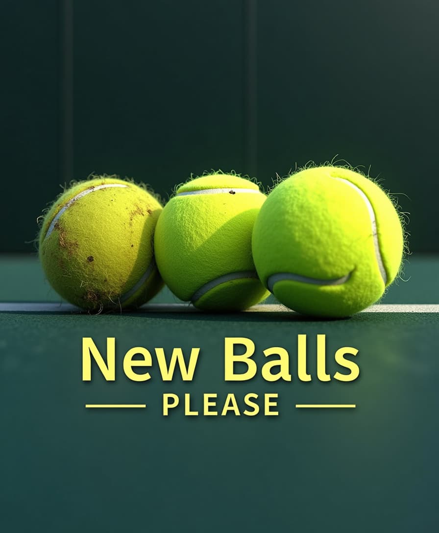 Eye-catching logo design for a company called 'New Balls, Please'. Three hyper realistic tennis balls arranged in a horizontal progression from left to right--starting with an extremely old, dirty, and worn-out ball on the left, transitioning to a slightly used ball in the center, and ending with a brand-new, bright neon green tennis ball on the right. The balls should be laying on an outdoor tennis court. The text "New Balls, Please" is displayed in bold, modern typography below or integrated into the design. 3D elements for realistic texture and depth, with soft lighting and subtle shadows. Minimalist but striking composition, optimized for a circular Instagram profile picture. Vibrant color contrast with a dark or neutral background to enhance visibility. High-resolution, clean, and professional look, perfect for branding. 