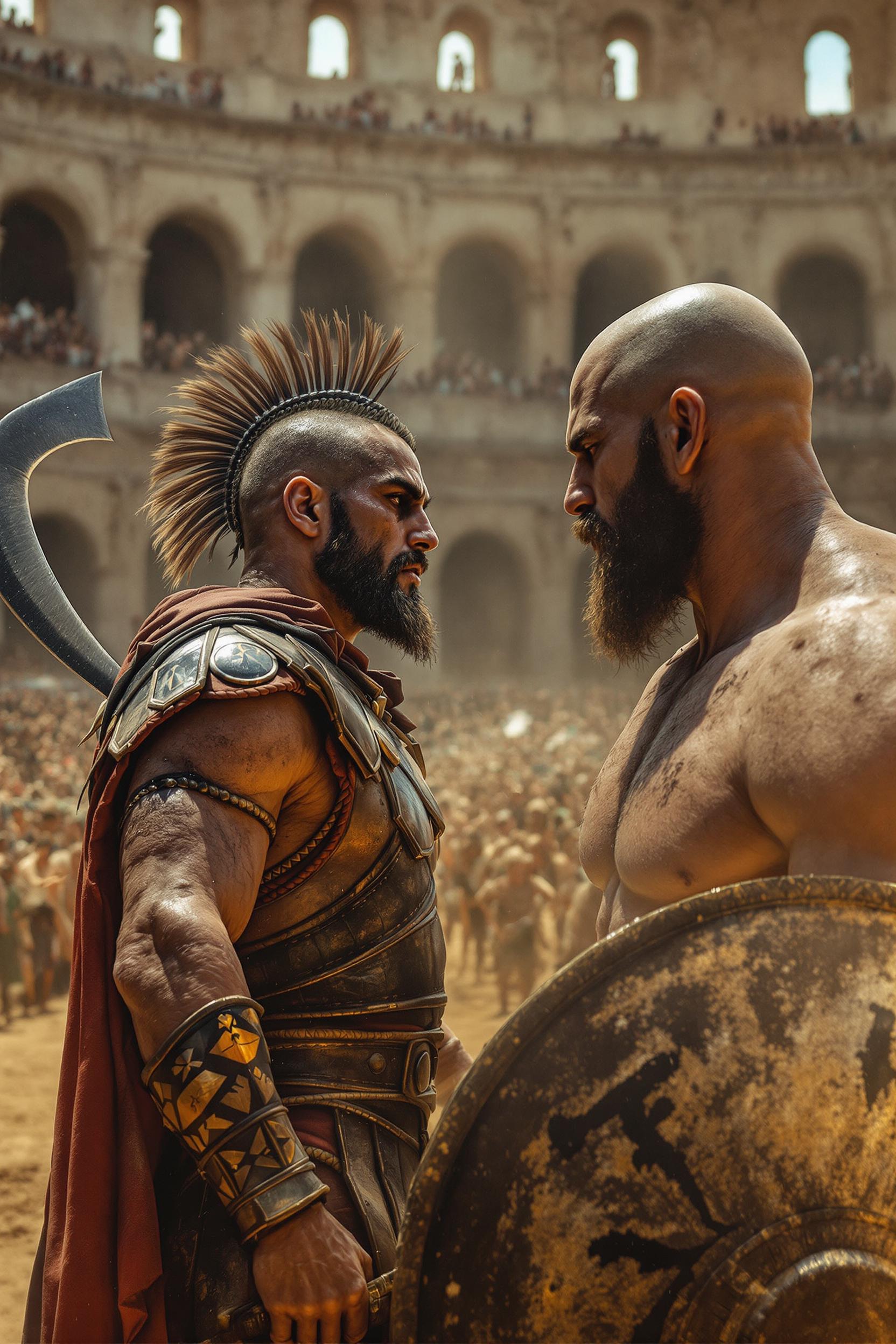 Ultra-photographic and ultra-natural scene - two gladiators in the arena of the Roman, full of dust - Colosseum. In the foreground a gladiator with a shield and a scythe, his face ultra-natural, sweat and realistic skin texture. His opponent is bald and muscular - he stands next to it with a sword. The background shows the monumental walls of the Colosseum and a crowd of spectators. The light emphasizes the drama and severity of the scene. ultra-detailed image oil paints hd 8k.