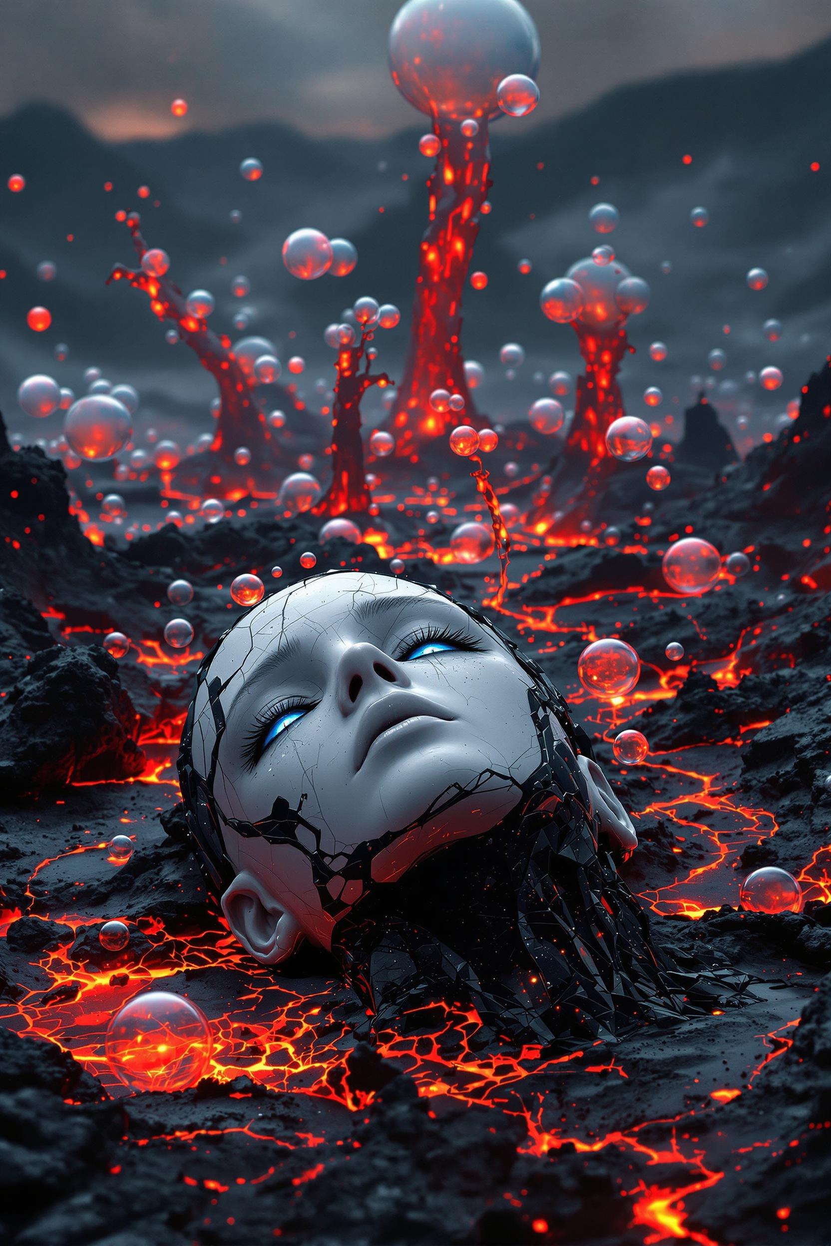 Dark, volcanic landscape with bubbling black and red plastic lava and rising, glowing, ultra-transparent bubbles. In the foreground lies the partially covered head of a broken, ultra-white android with symmetrical and beautiful facial features. His skin is detailed, dirty, slightly cracked, and his blue eyes fade, looking sadly at the sky.ultraphotographic image ultra-detailed oil paints surreal hd 8k sensual