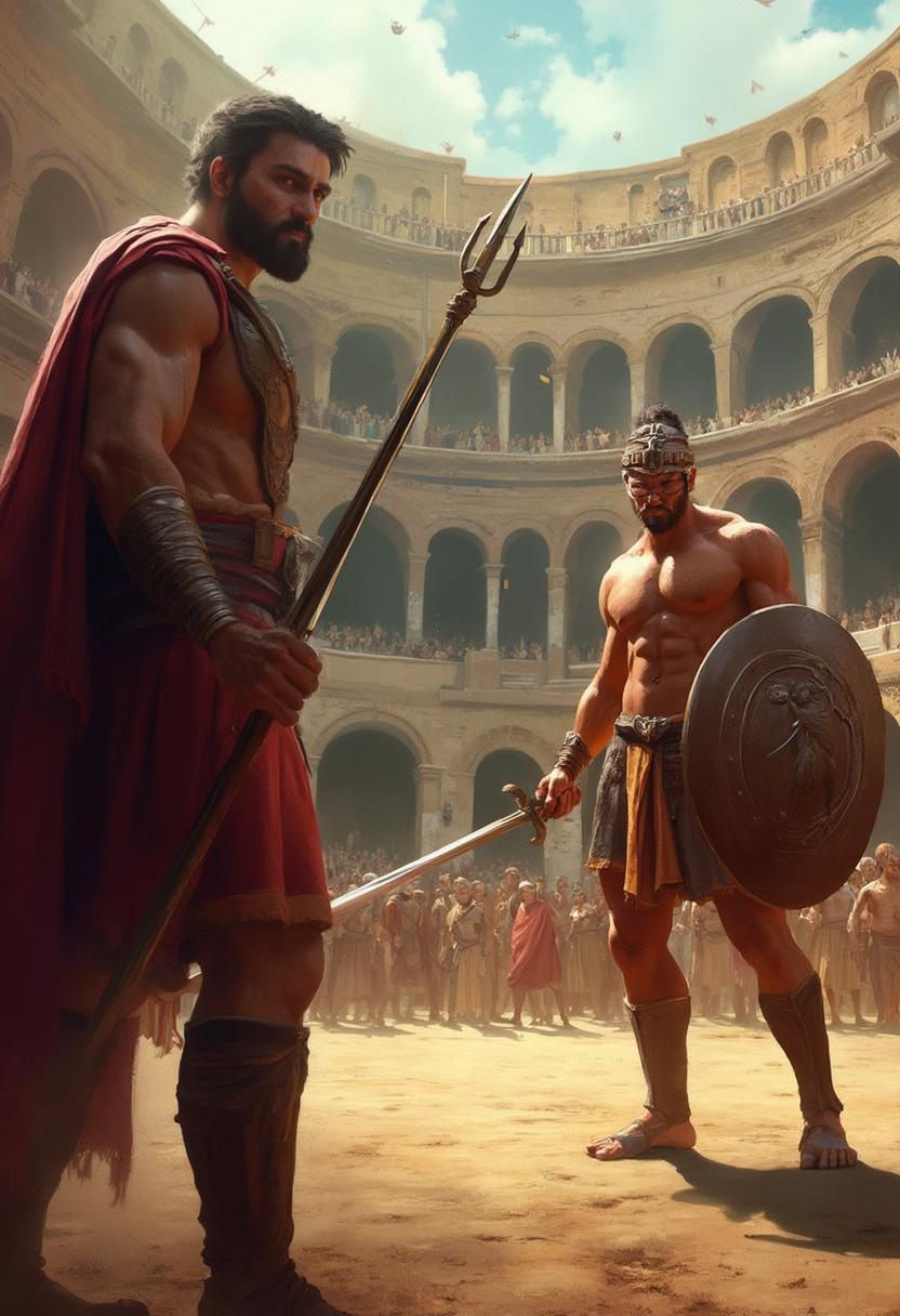 This image is a digital photography that captures a scene from an ancient Roman Colosseum, filled with gladiators and spectators. The art style is reminiscent of fantasy or historical art, with a focus on dramatic lighting and shadow to create a sense of depth and realism.The medium appears to be digital painting, given the smooth blending of colors and the lack of texture that might be present in a traditional painting. The colors are rich and vibrant, with a warm palette dominated by oranges, browns, and golds, which gives the image a dramatic and intense feel. The use of highlights and shadows is expertly executed, with the gladiators and the foreground figures being the brightest, drawing the viewers attention to them.In the foreground, there are two gladiators poised for battle. The gladiator on the right is muscular and shirtless, with a welldefined physique, and is holding a trident in his right hand and a shield in his left. His expression is one of fierce determination, and his gaze is fixed on the viewer, creating a sense of immediacy and confrontation. The gladiator on the left is also muscular and shirtless, with a beard and a stern expression. He is holding a sword in his right hand and a shield in his left, and his stance is ready for combat.In the background, the Colosseum is filled with spectators, and the stands are densely packed with people. The architecture of the Colosseum is intricate, with multiple tiers of seating that spiral upwards, and the roof is a semicircular arch, allowing light to filter through and cast shadows on the arena floor. The crowd of spectators is depicted in a variety of poses, some standing and others seated, all focused on the gladiators in the foreground.Overall, the image is a powerful and evocative portrayal of ancient gladiatorial combat, with a strong emphasis on the drama and intensity of the moment. The use of lighting, color, and composition creates a compelling scene that captures the viewers attention and immerses them in the world of the gladiators.