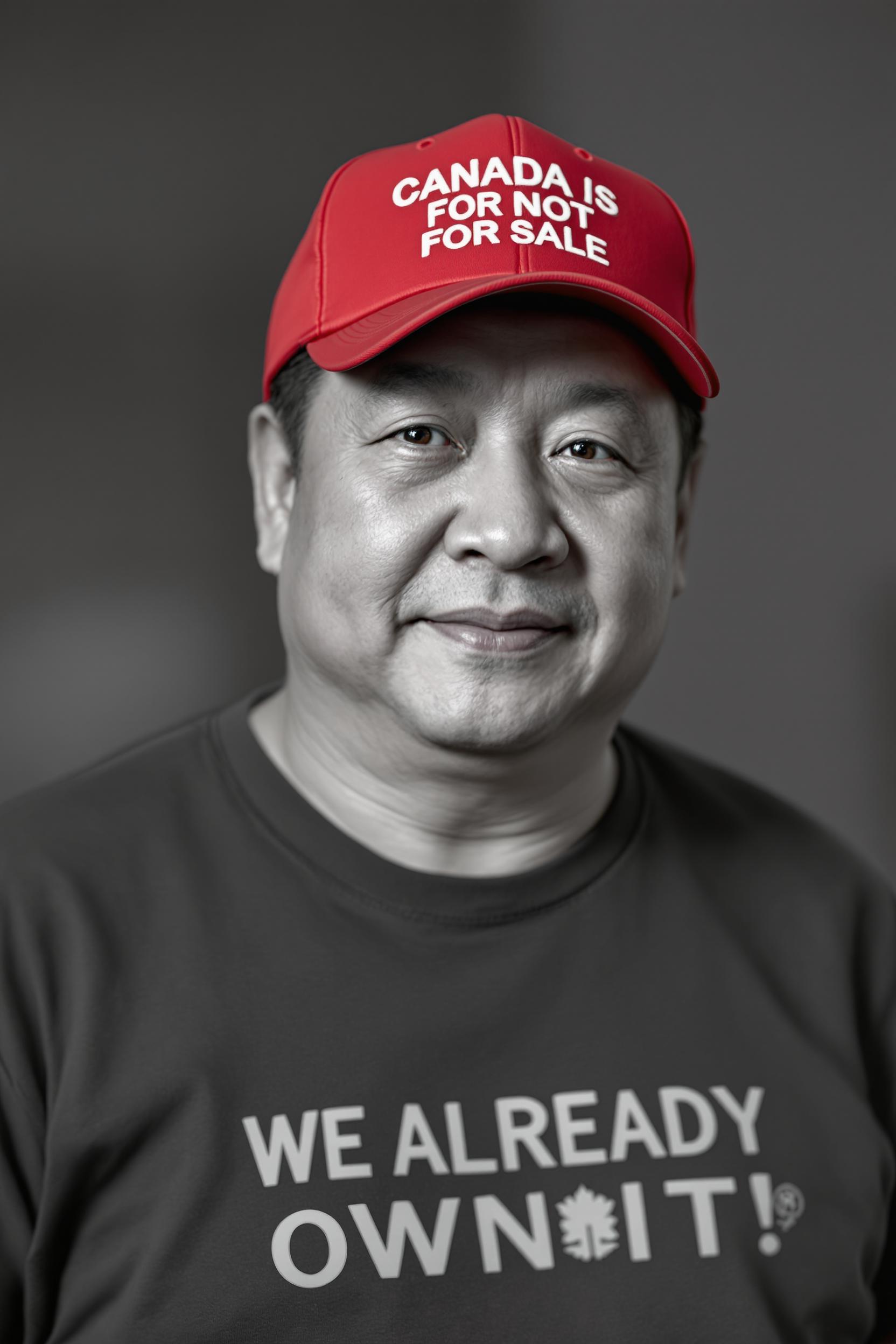 Create a photo of Xi Jinping looking at viewer, wearing a red ball cap that reads "CANADA IS NOT FOR SALE" Xi Jinping is also wearing a t-shirt with says "WE ALREADY OWN IT" 
