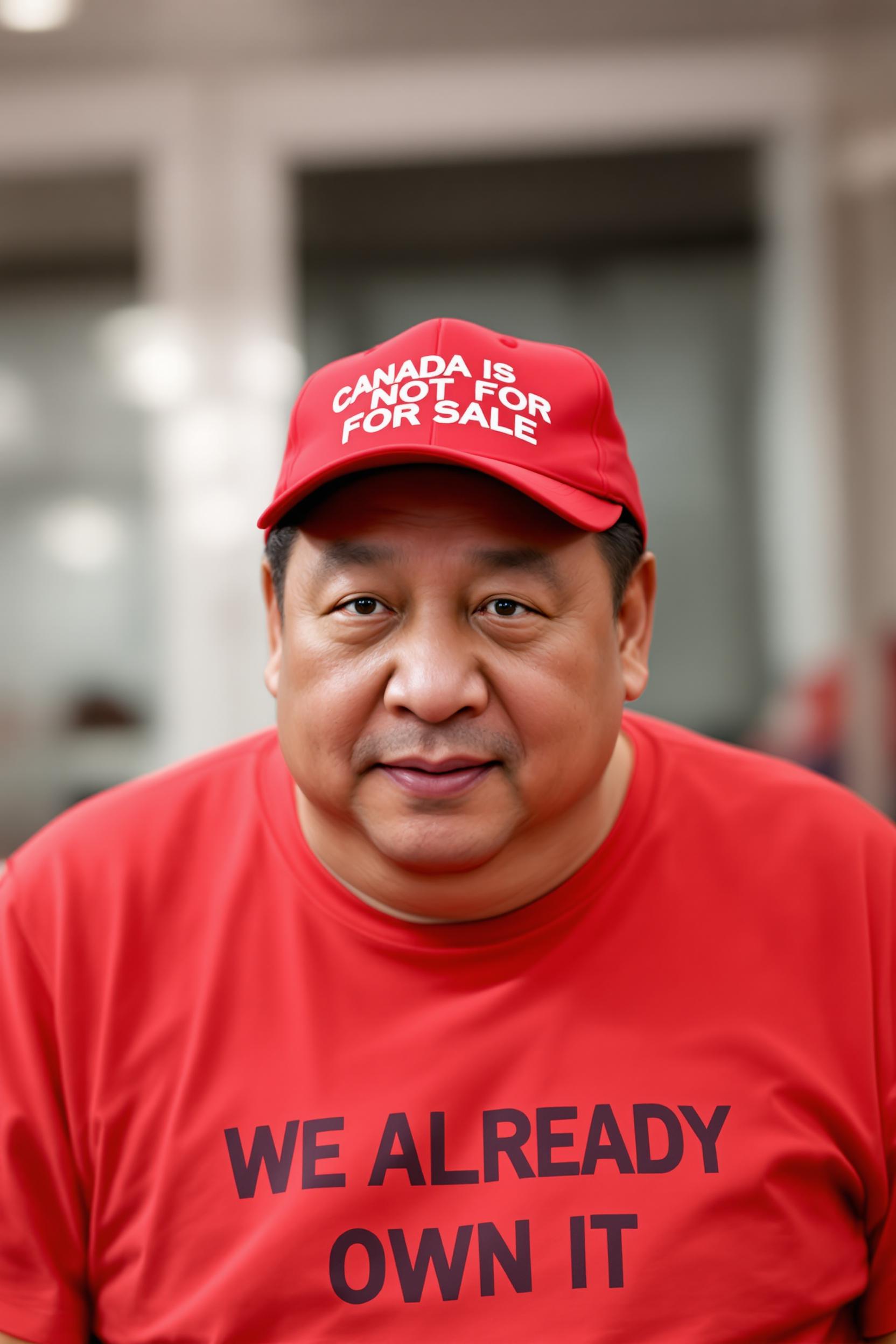 Create a photo of Xi Jinping looking at viewer, facing camera, wearing a red ball cap that reads "CANADA IS NOT FOR SALE" Xi Jinping is also wearing a t-shirt with says "WE ALREADY OWN IT" 