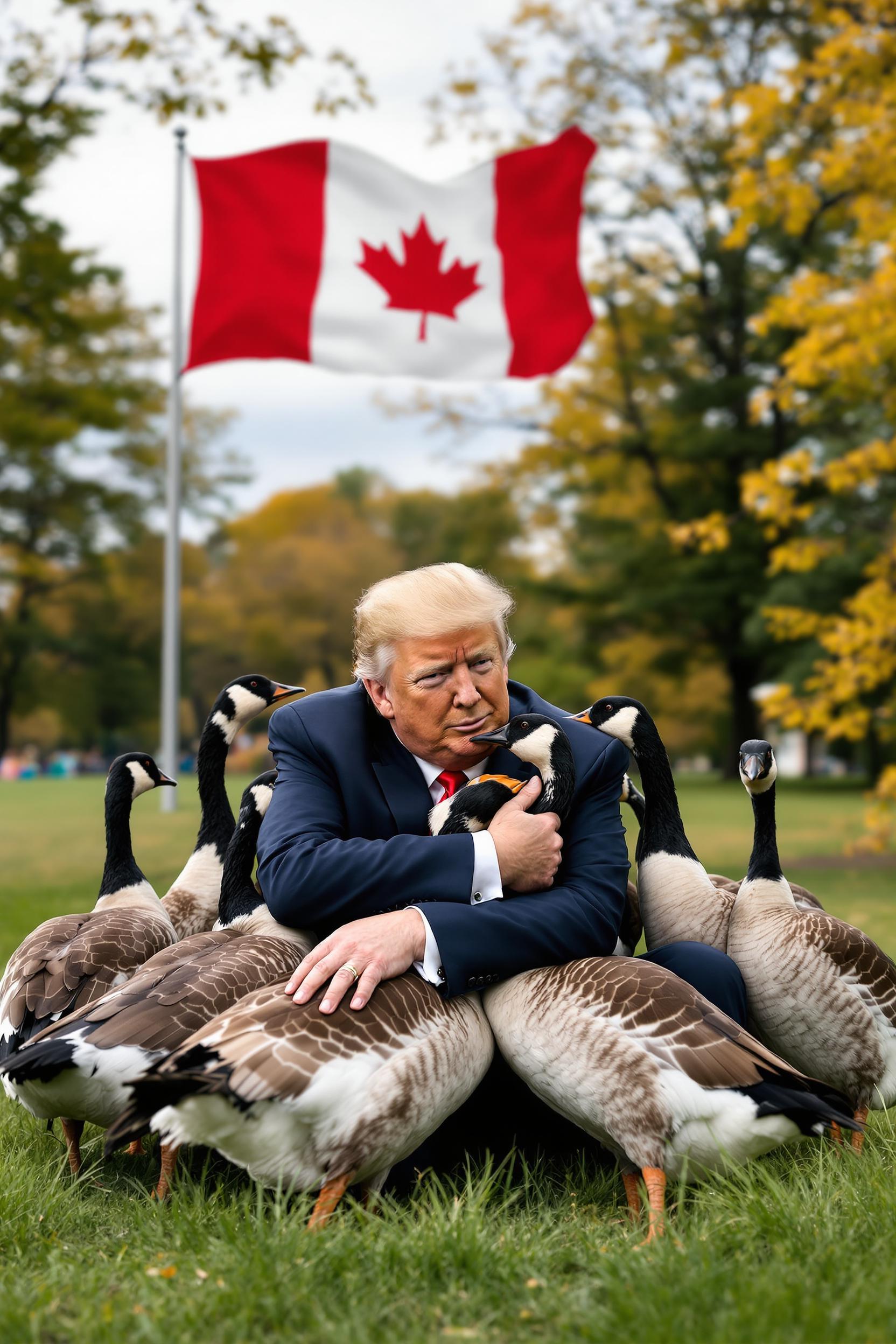 Create a photo donald trump sitting on the grass in a park hugging a bunch of Canada geese. Background a Canadian Flag on a pole