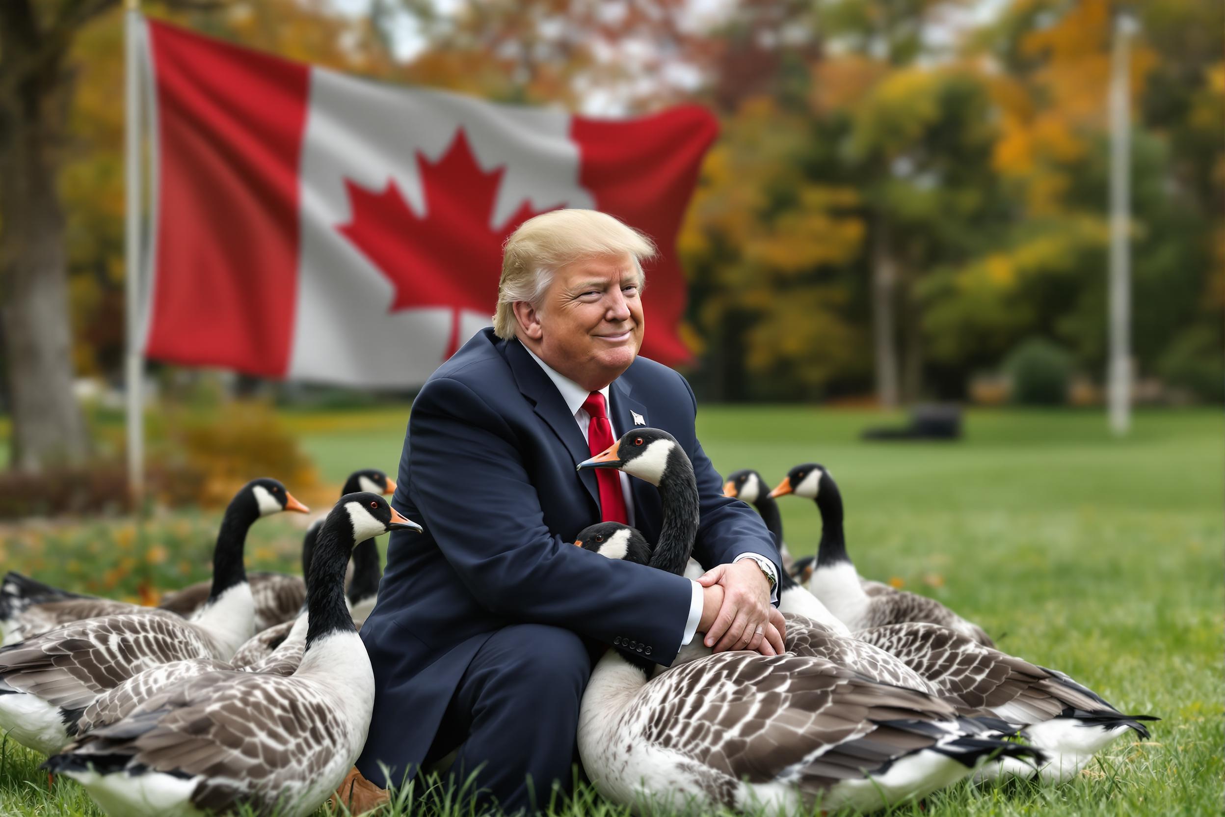 Create a photo donald trump sitting on the grass in a park hugging a bunch of Canada geese. Background a Canadian Flag on a pole