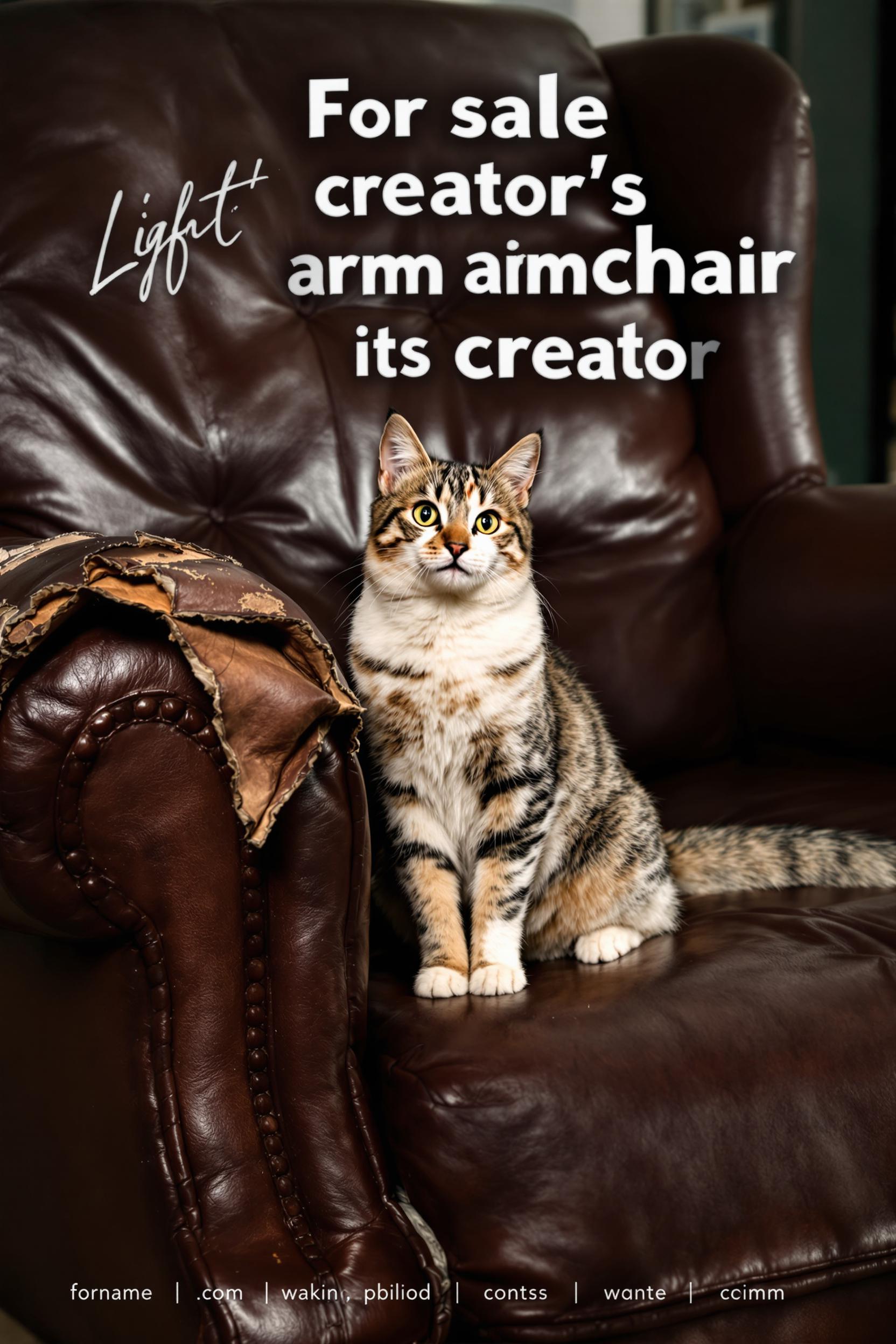 realistic image of a leather armchair with  the leather almost ripped off on the arms. A cat is siting on the  armchair with a curious look on its face, looking straight to the  camera. There is a text saying "For sale creator's armchair and its  creator" spelled exactly as spelled.