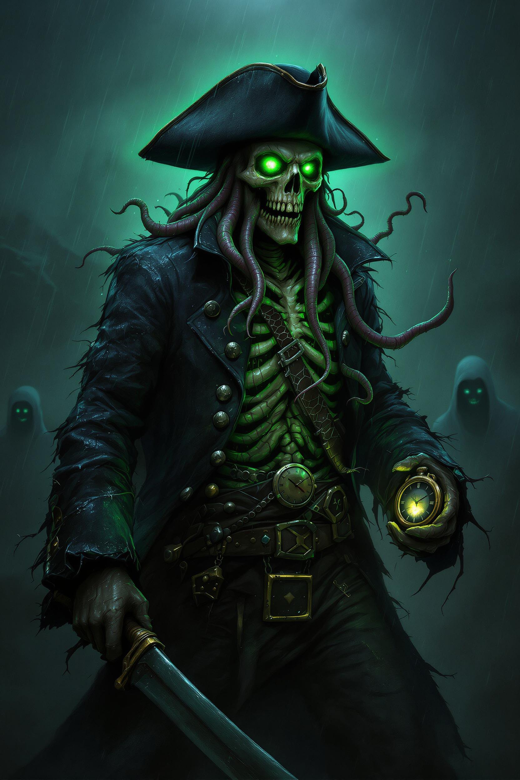 airbrushed and oil highly detailed digital painting of a cursed undead pirate captain stands in the storm, his skeletal face illuminated by an eerie green glow. His tattered black coat and weathered tricorn hat are soaked from the rain, while writhing tentacles emerge from his decayed body, hinting at a monstrous transformation. In one hand, he wields a rusted cutlass, and in the other, he holds a mysterious pocket watch, ticking with dark magic. The misty background reveals ghostly figures lurking in the shadows, suggesting a haunted ship and a doomed crew. The scene is dark, ominous, and drenched in supernatural terror.