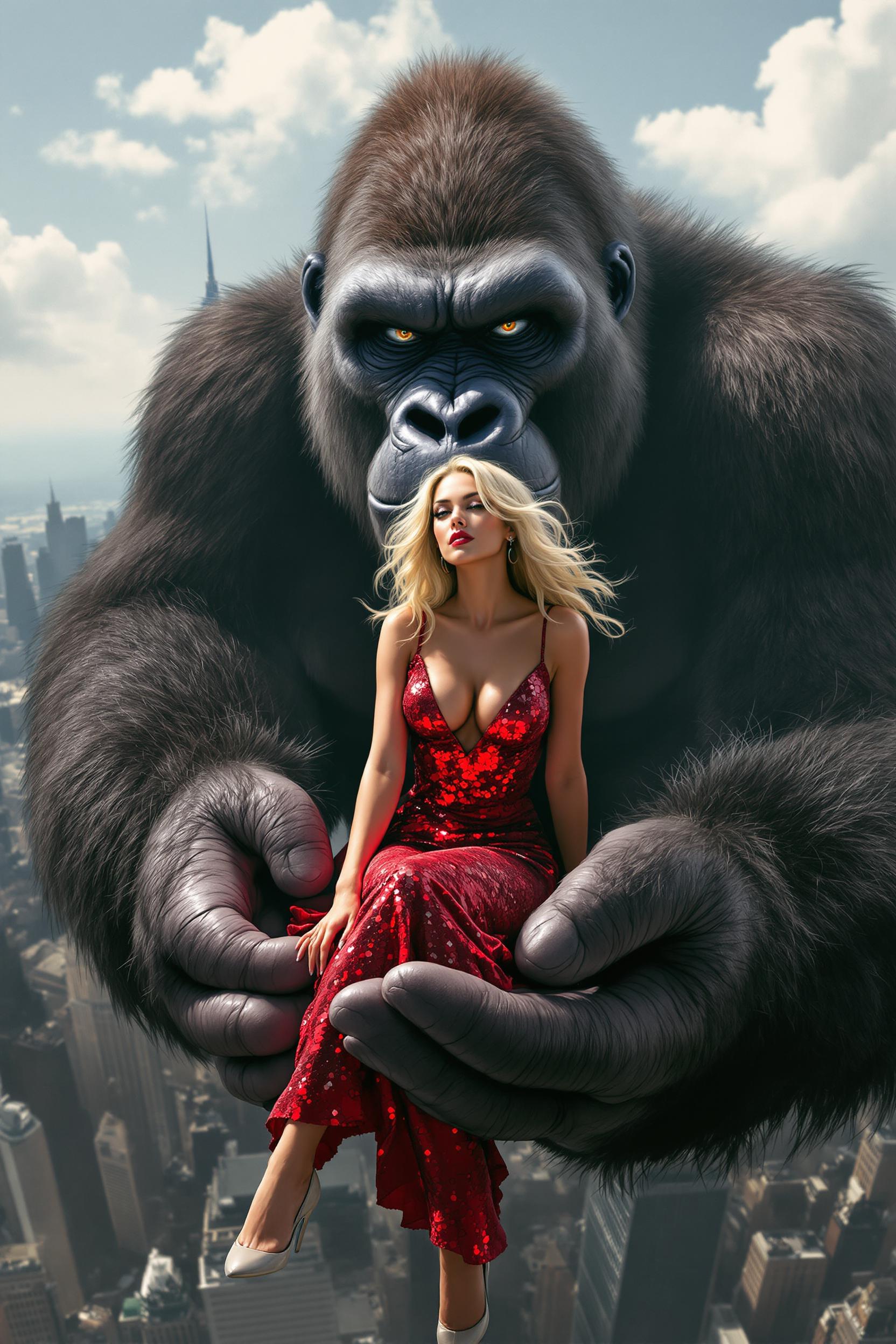 A photorealistic image of King Kong holding a blond woman sitting on the palm of his enormous hand, she is wearing a red sequence dress on the Empire State Building 