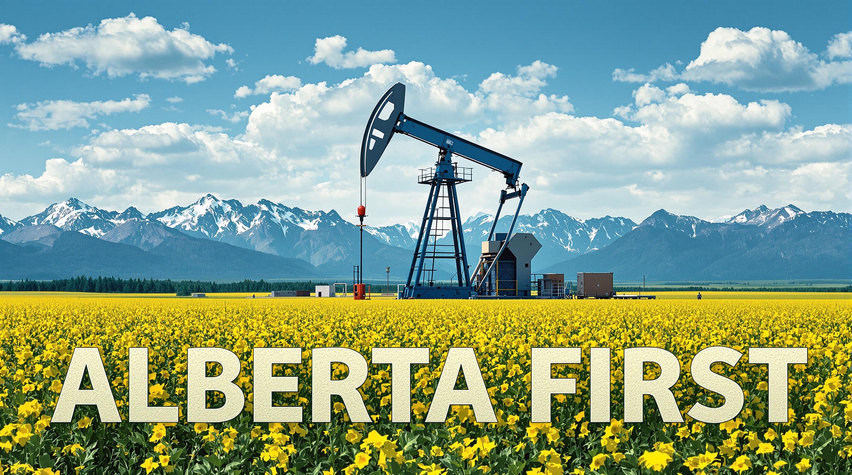 create an PHOTO POSTER of a gas well derk in a field of Canola, background the canadian rockies. 

Text along the BOTTOM of the image reads "ALBERTA FIRST" strong bold lettering 3d