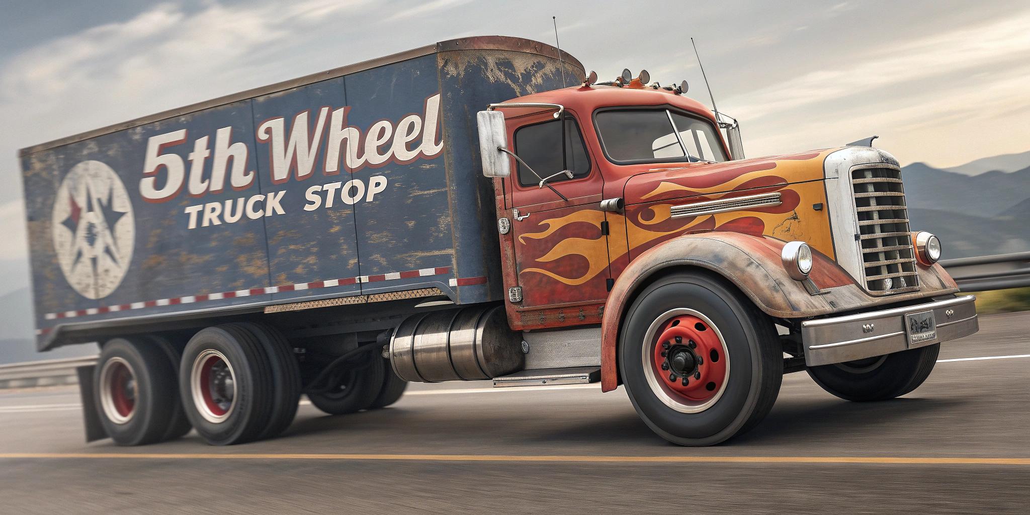 This image is a 1950's photo, retro 3D, pixar, chipped paint. The photo depicts a large, detailed semi truck with a striking flame design on the hood and cab. The truck is in motion, with its wheels and tires in sharp focus, giving the impression that it is speeding down the road. The truck is emblazoned with the words  read "5th Wheel TRUCK STOP" across the side, indicating that this is likely an advertisement for a trucking company or service. The art style of the photo is reminiscent of American road culture and the classic American trucking aesthetic. The colors are bold and vibrant, with a predominance of yellows, blacks, and whites. The flames on the truck are a bright yellow with black outlines, and the truck itself is primarily black with white detailing. The road beneath the truck is painted in black with white lines, and the surrounding area is a muted yellow and blue, suggesting a desert or open road setting.The mural also includes a highway sign on the left side, which reads NEW MEXICO US 66. This reference to Route 66, an iconic American highway that stretches from Chicago to Los Angeles, adds to the nostalgic feel of the photo and suggests that "5th Wheel TRUCK STOP" is located along this historic route. Overall, the PHOTO is a dynamic and eye catching piece of advertising art that captures the spirit of American road travel and trucking culture. HYPER-REALISTIC, PHOTOGRAPHY DISNEY PIXAR