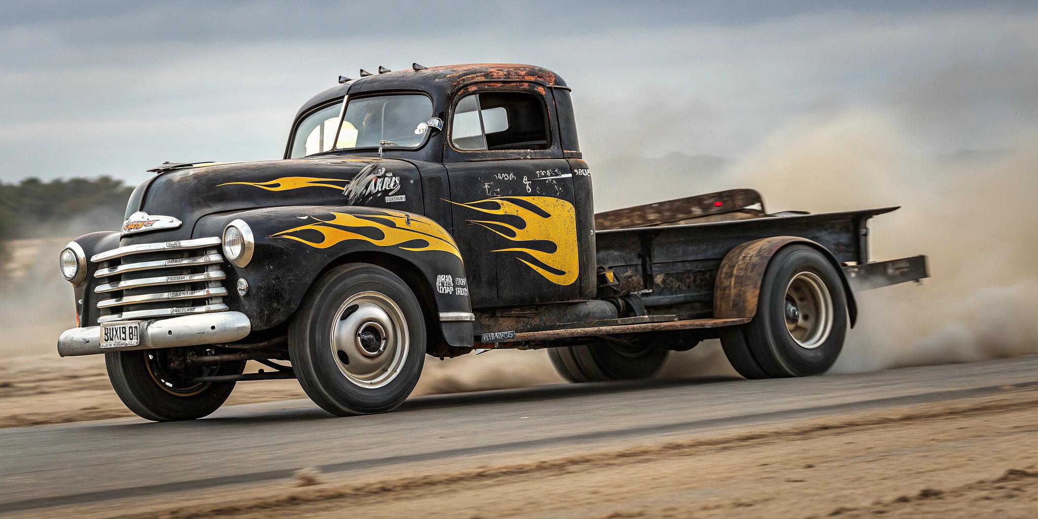 A hyper-realistic 1950's photograph showcasing a retro 3D effect, with a large, detailed semi truck in motion. The truck features:

- **Visual Details**: The truck's body is predominantly black with white detailing, contrasted by bold, vibrant flames in bright yellow with black outlines adorning the hood and cab. The paint is chipped and rusted, enhancing the retro aesthetic. The wheels and tires are in sharp focus, capturing the essence of speed with visible motion blur behind them. The words "5th Wheel TRUCK STOP" are emblazoned in bold, retro-styled text across the truck's side.

- **Style**: This image captures the essence of American road culture through a nostalgic, vintage photography lens, reminiscent of the classic American trucking aesthetic. The photo is shot in a style that mimics the vibrant, high-contrast look of advertising art from the 1950s, with a touch of hyper-realism to make the details pop.

- **Composition**: The truck is positioned centrally, speeding down a black road with white lines, filling the frame to emphasize its grandeur and movement. The camera angle is slightly low to give the truck a looming, imposing presence. On the left side, a highway sign stating "NEW MEXICO US 66" adds depth and context, referencing the iconic Route 66.

- **Mood and Atmosphere**: The scene is set in the late afternoon, with the sun casting long shadows and creating a warm, golden hour glow that enhances the colors. The surrounding environment is a muted yellow and blue, suggesting a desert or open road setting, evoking a sense of freedom and endless travel.

- **Technical Aspects**: The image uses a shallow depth of field to keep the truck in sharp focus while the background blurs slightly, drawing attention to the truck's details. The lighting is dramatic, with highlights on the truck's chrome and shadows accentuating the texture of the rusted, chipped paint.

- **Cohesion**: The combination of the truck's dynamic motion, the bold colors, and the nostalgic Route 66 reference creates a unified scene that not only advertises a truck stop but also encapsulates the spirit of American road travel and trucking culture in a visually compelling manner.