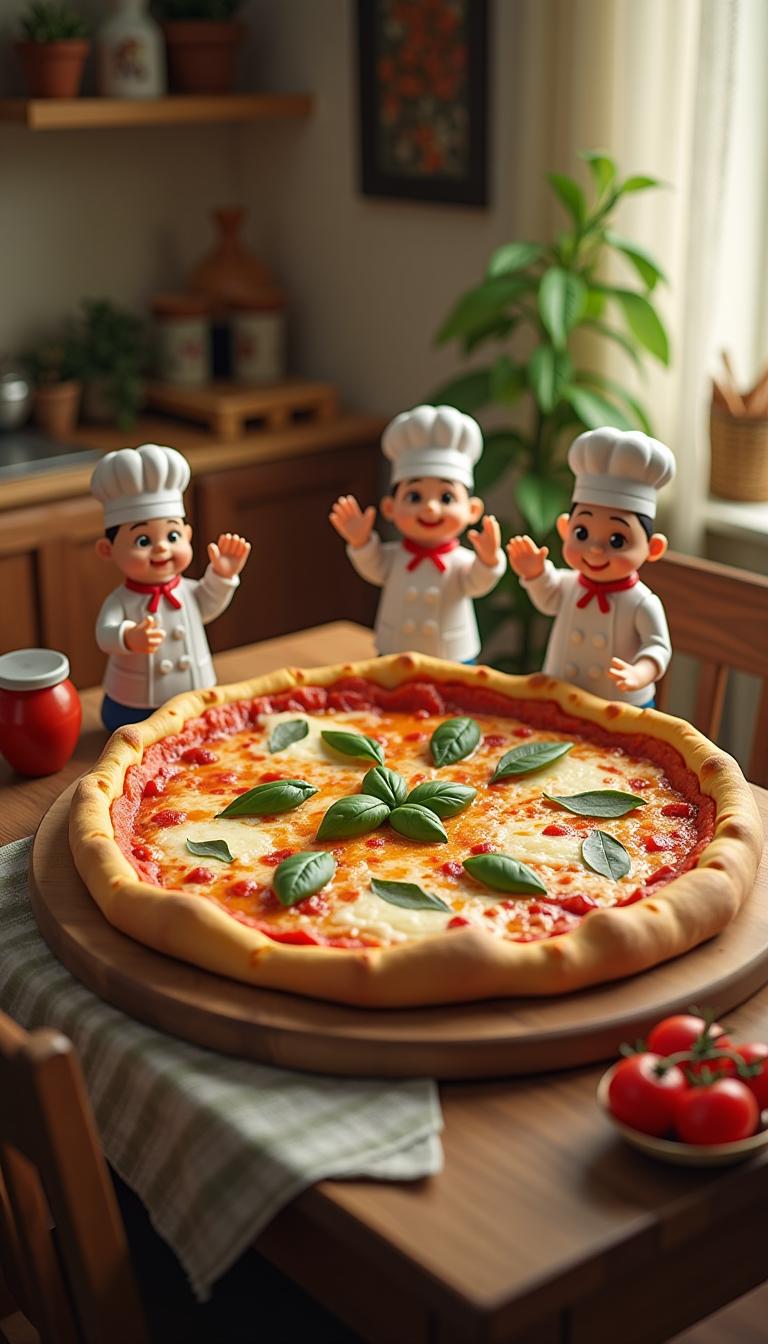 A gigantic pizza on a dining table, surrounded by miniature Italian chefs. One is carefully arranging basil leaves, another is holding a tomato sauce jar, and a third is giving an ‘okay’ hand gesture. Cozy Italian kitchen setting, fun and vibrant atmosphere. 