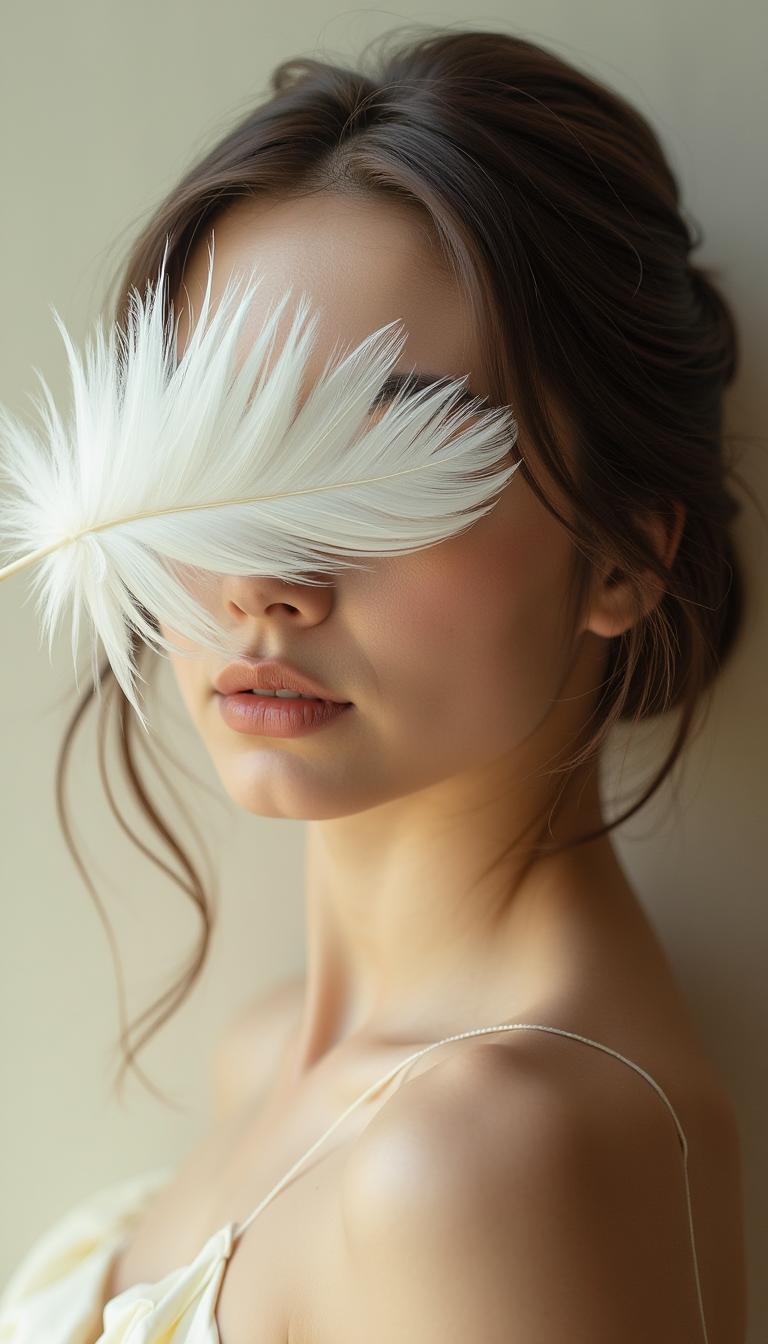 Award-winning portrait of a stunning young woman with a dramatic twist: a majestic white feather delicately drapes over her closed eyes. Soft focus and cinematic lighting create a dreamy atmosphere, while the subject's enigmatic expression adds an air of mystery. Framed against a clean, creamy background, this artistic photo showcases the model's elegant features.