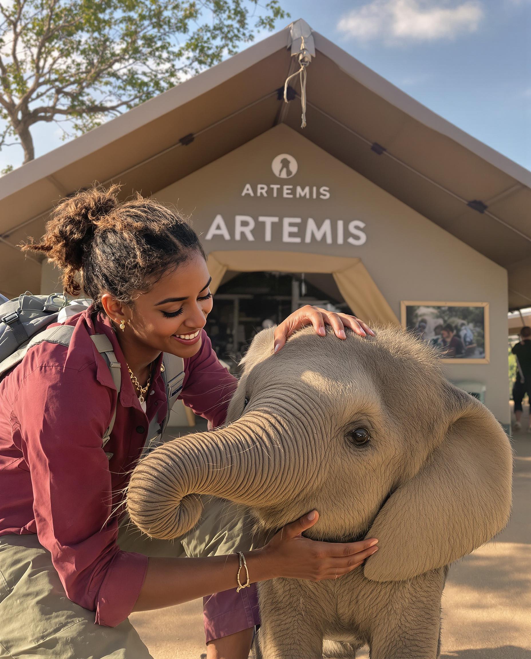 ultra realistic, ultra detail, 64K, (close up:1.4),VNS_Add more details,fatima,Hand, An 18-year-old beautiful female wildlife conservation expert, gently caring for a small African elephant. She exudes compassion and expertise as she interacts with the young elephant, showcasing her dedication to animal protection. In the background, there is a large, safari-style tent camp, with the camp's name, (('ARTEMIS')), prominently displayed. The scene is set in a natural environment, with the warm sunlight casting a serene and peaceful atmosphere over the wildlife conservation camp.